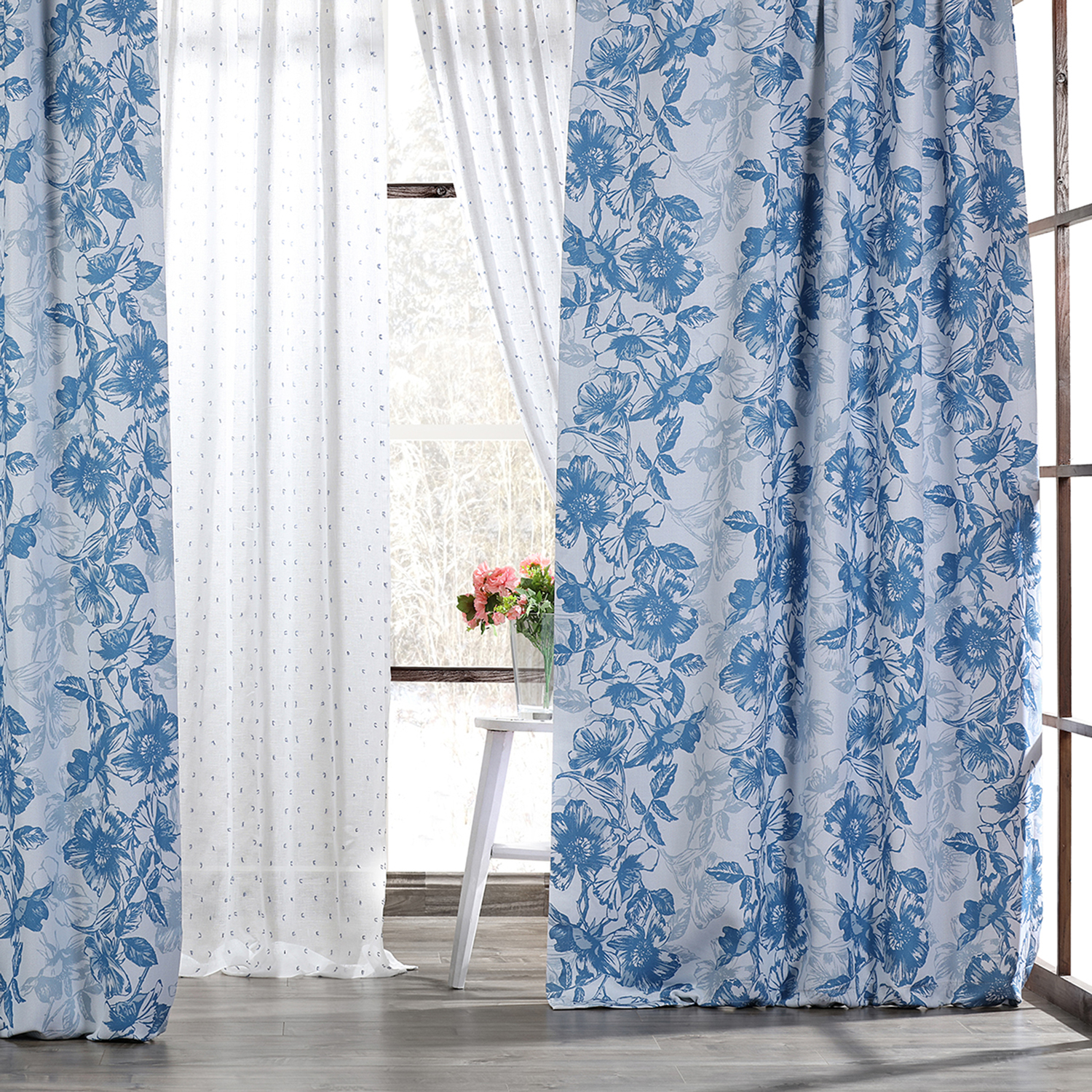 Blue Poppy Printed Linen Textured Blackout Curtain