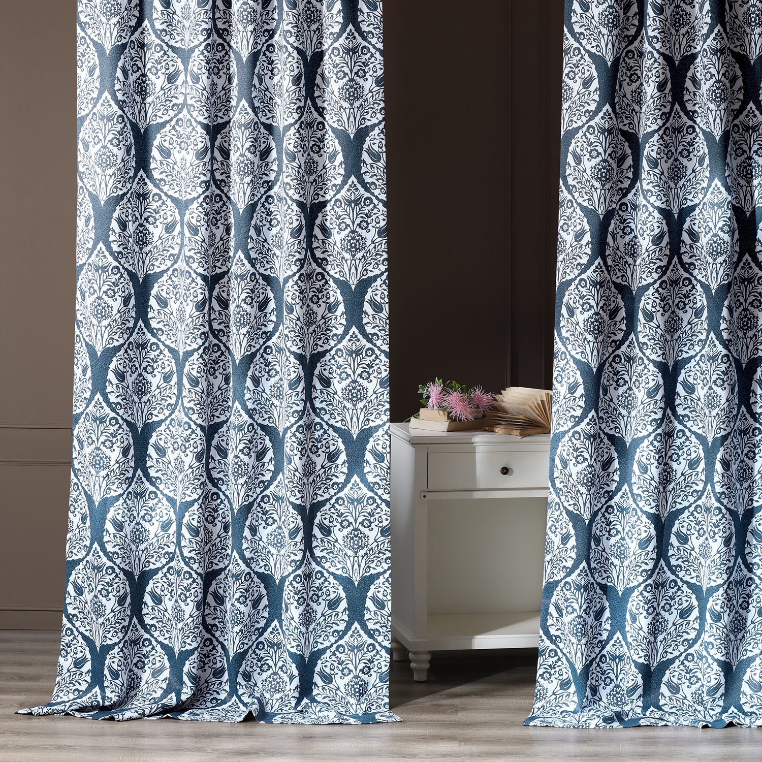 Woodcut Navy Blackout Room Darkening Curtain