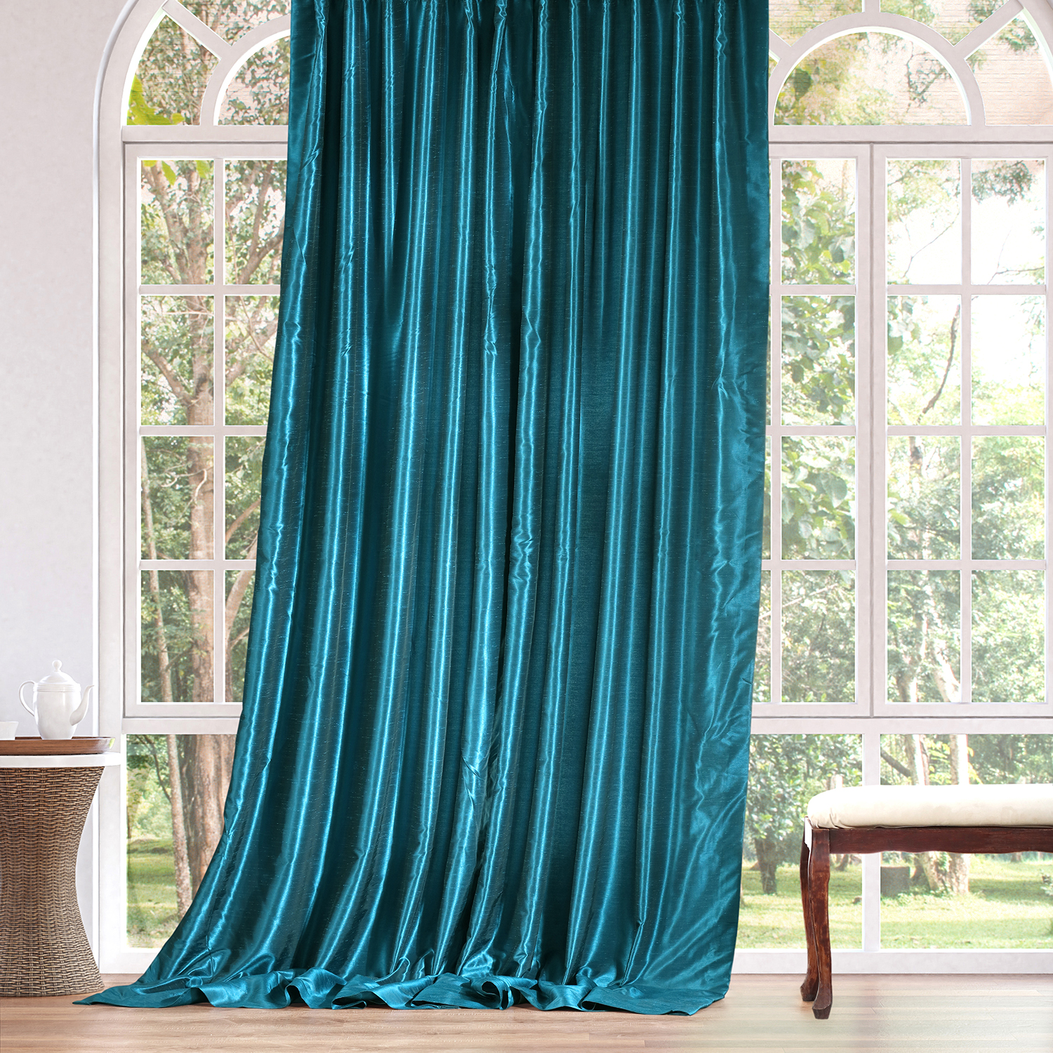 Oceanside Blue Vintage Textured Faux Dupioni Silk Curtain