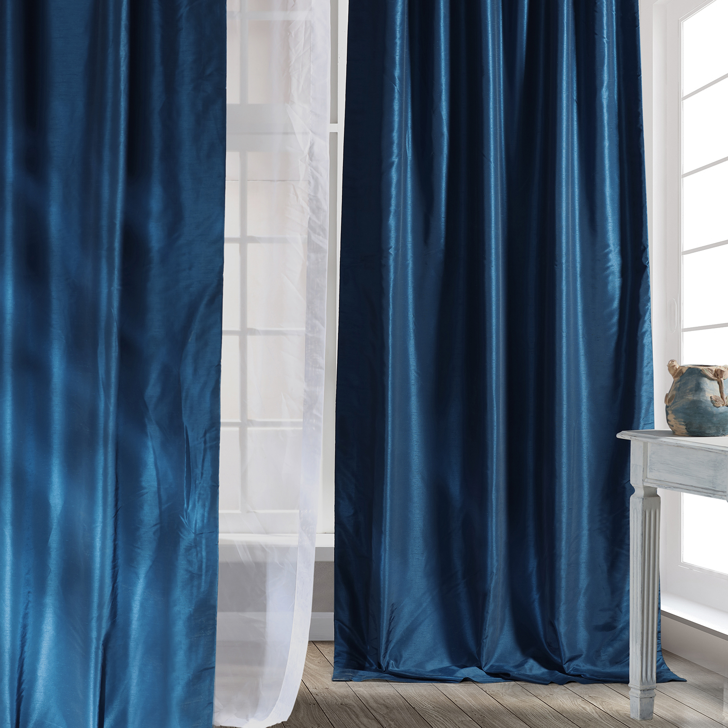 Captain&#39;s Blue Vintage Textured Faux Dupioni Silk Curtain