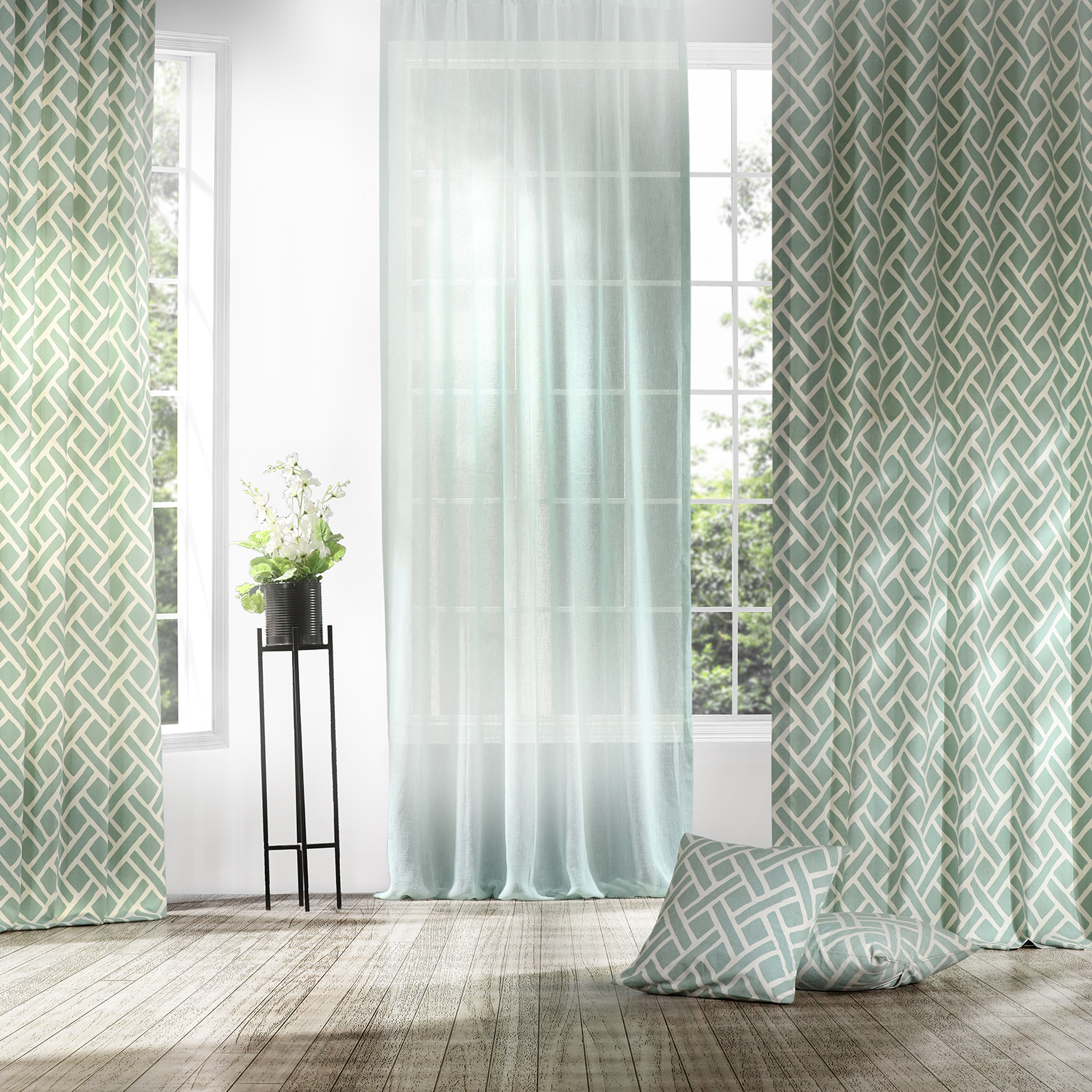 Martinique Aqua Printed Cotton Curtain