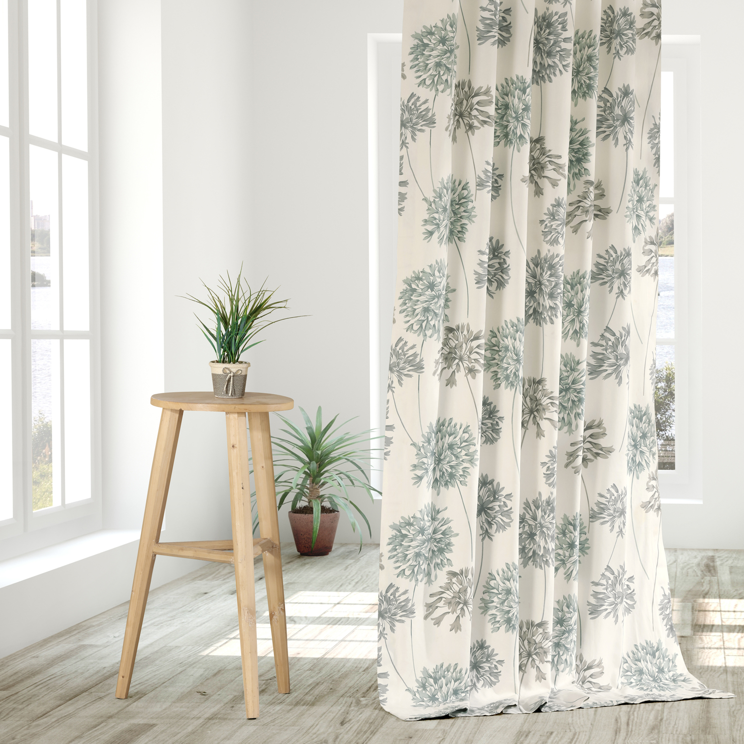 Allium Blue Gray Printed Cotton Curtain