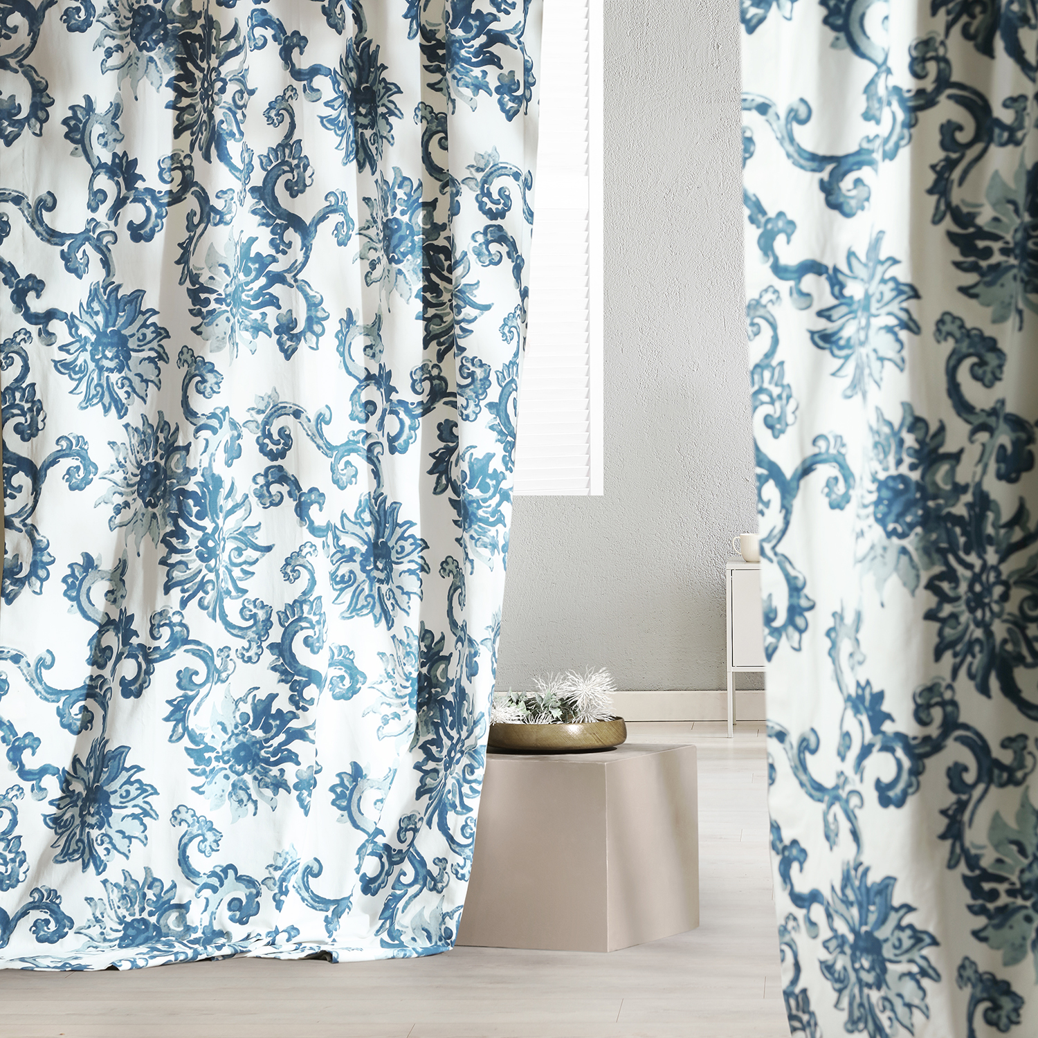 Indonesian Blue Printed Cotton Twill Curtain