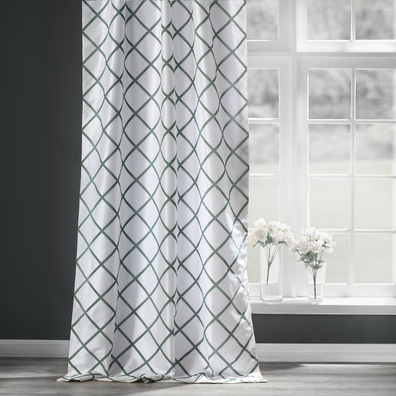 Pavillion White &amp; Green Designer Flocked Curtain