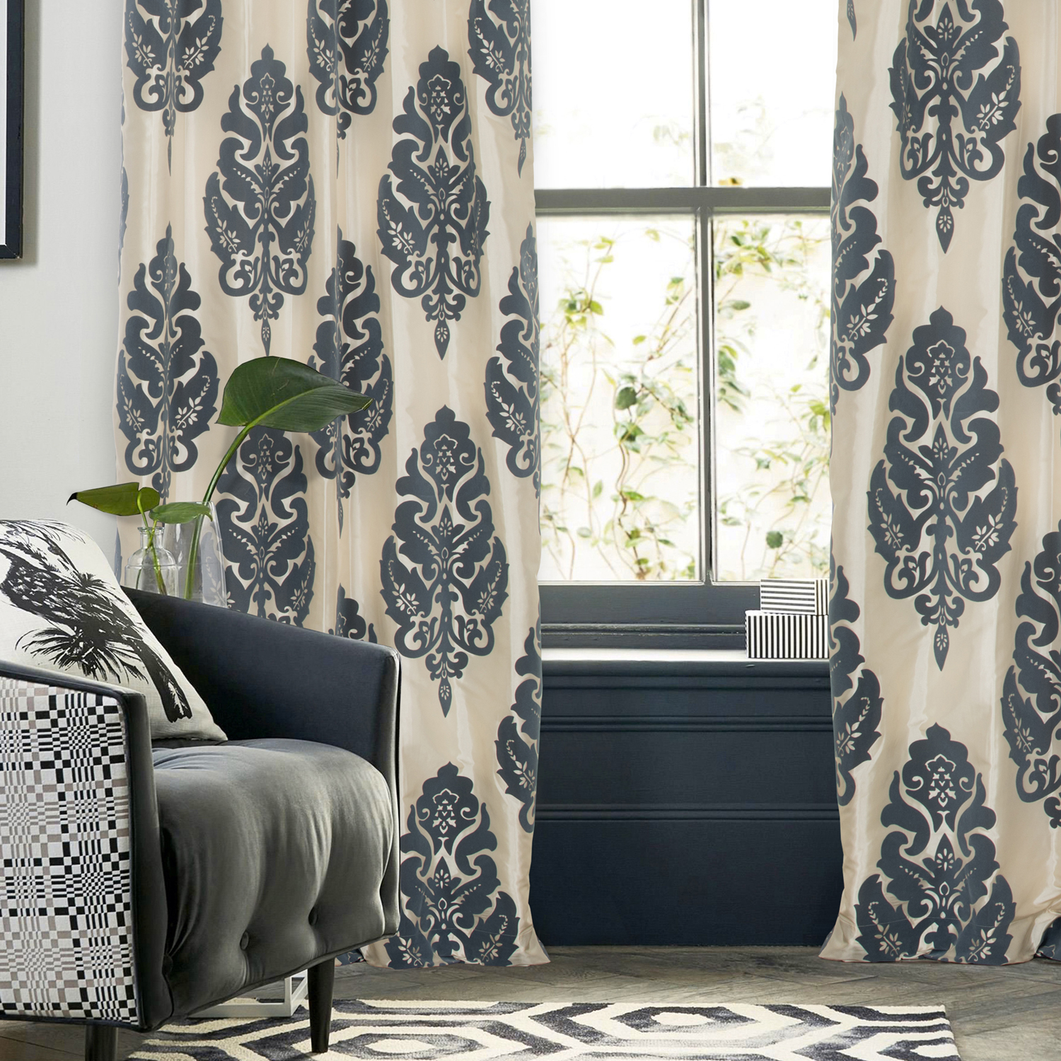 Francesca Grey &amp; Blue Designer Flocked Curtain