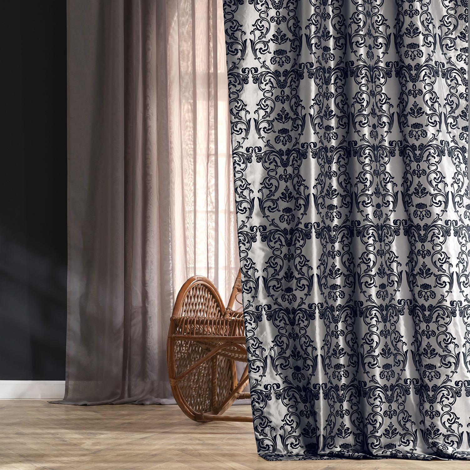 Firenze Grey &amp; Blue Designer Flocked Curtain