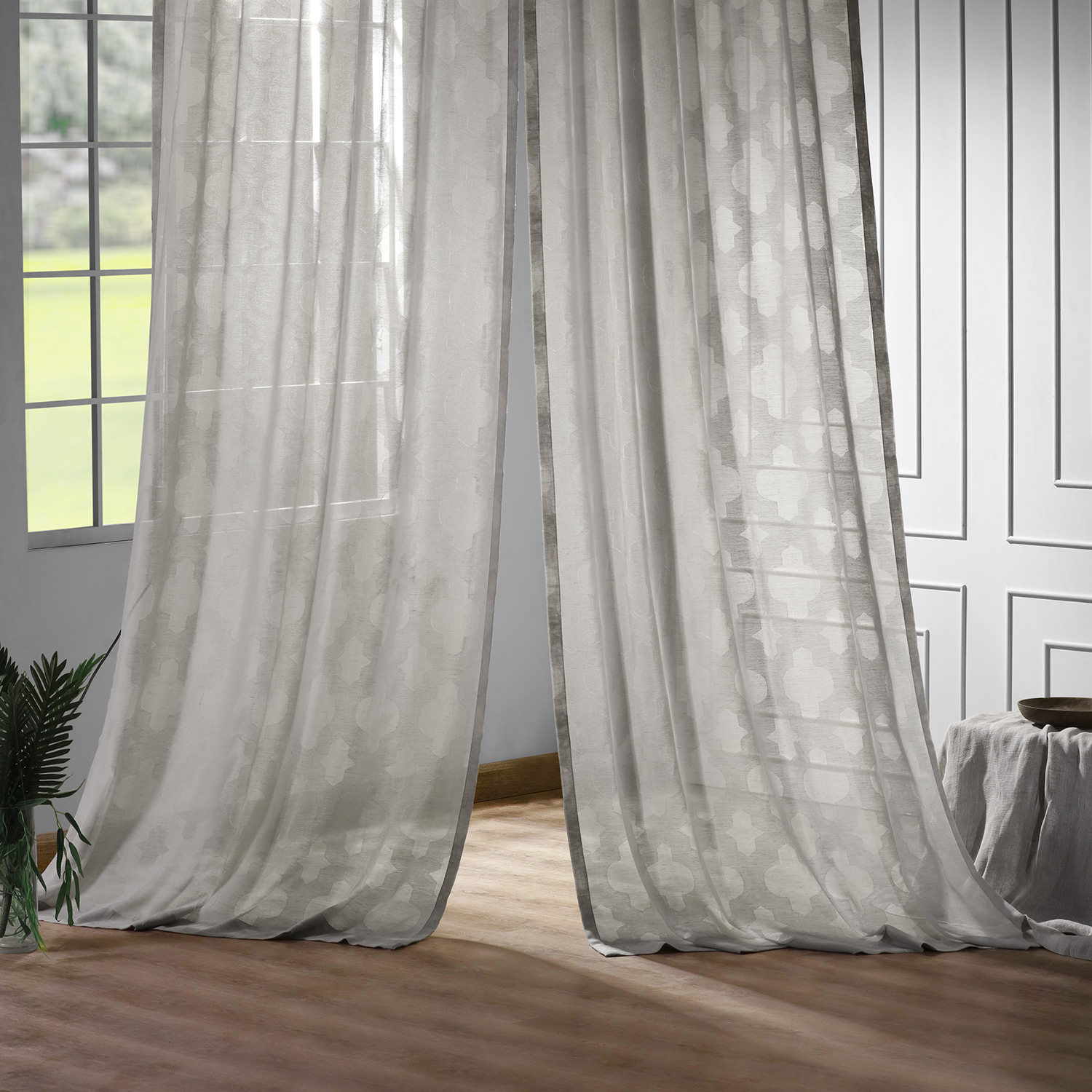 Calais Tile Grey Patterned Linen Sheer Curtain