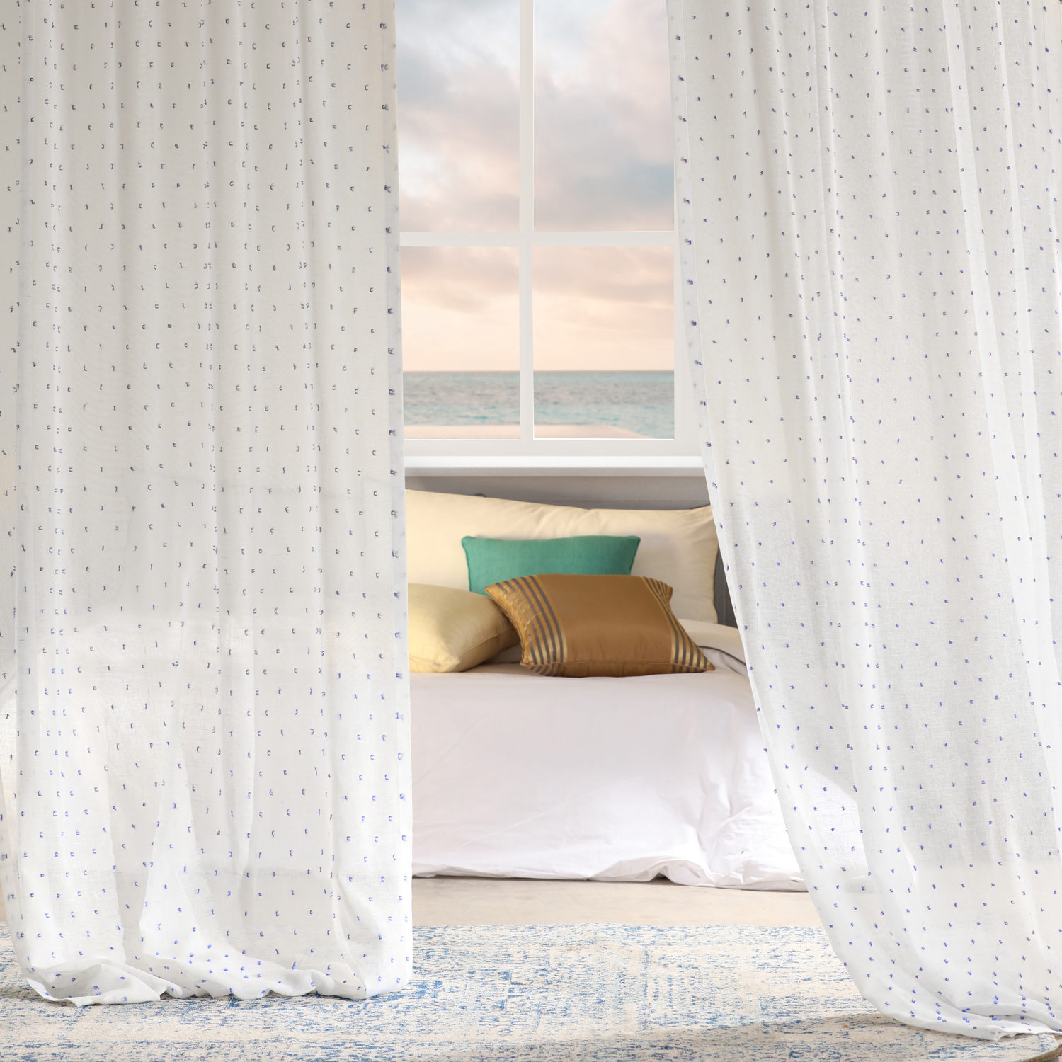 Altair Blue Patterned Linen Sheer Curtain