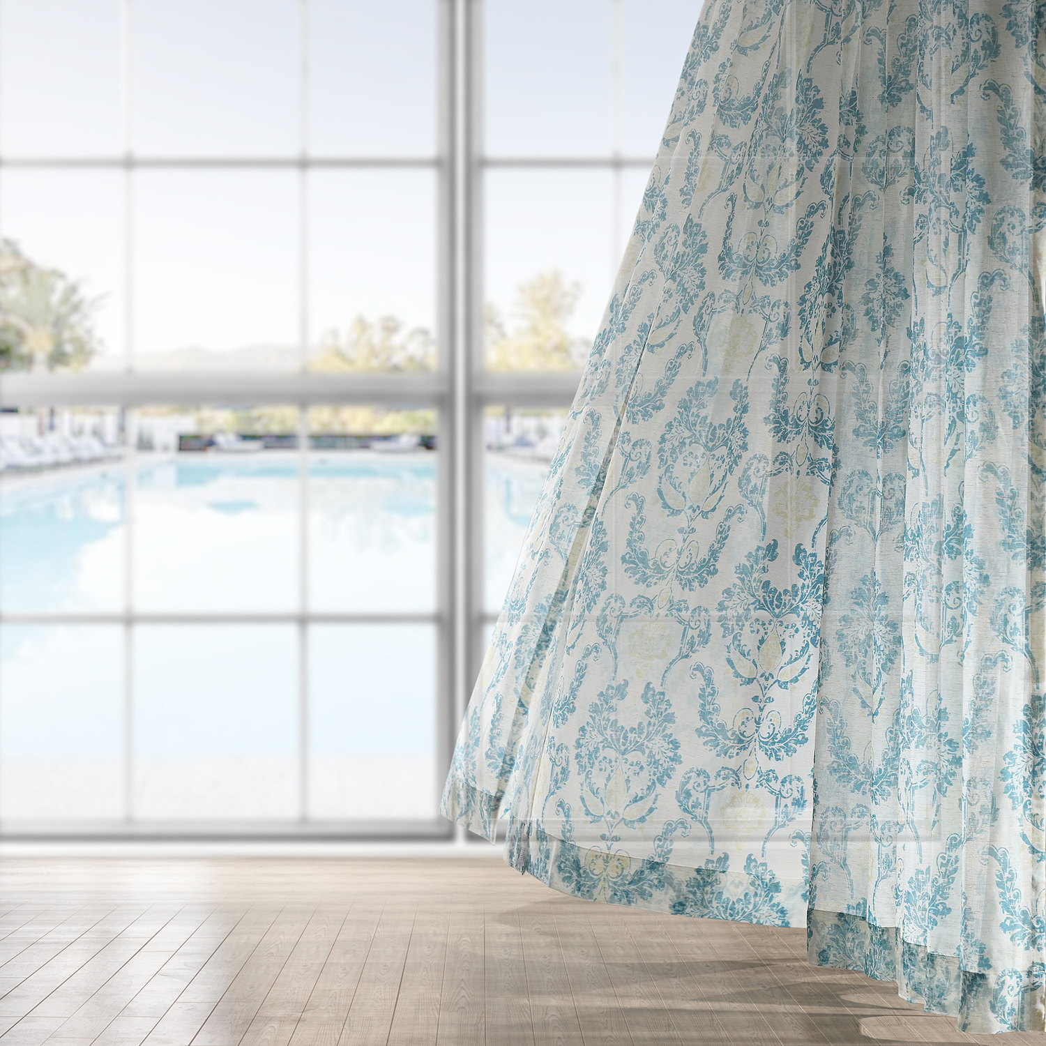 Terrace Teal Printed Faux Linen Sheer Curtain