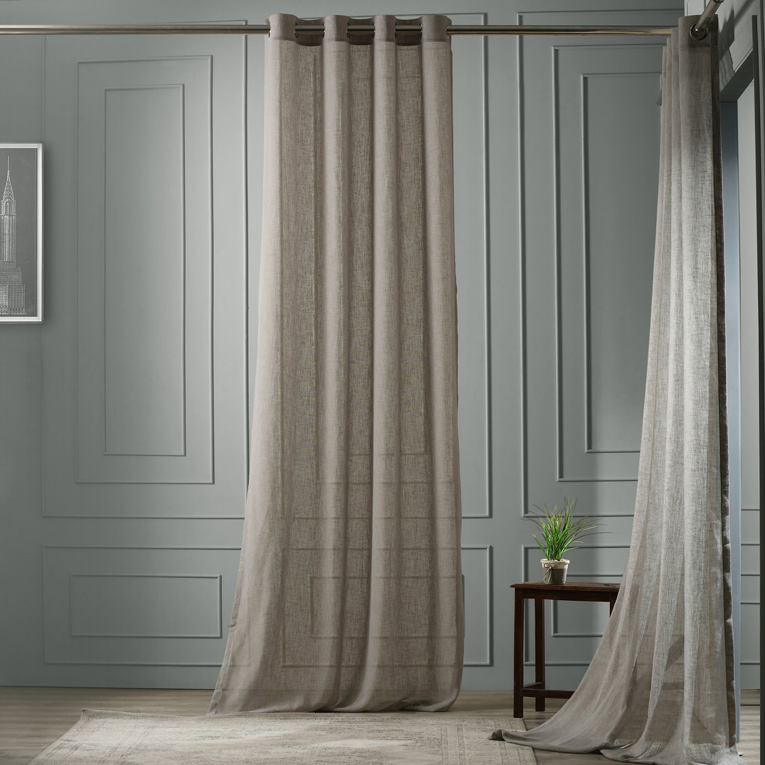 Paris Grey Grommet Solid Faux Linen Sheer Curtain