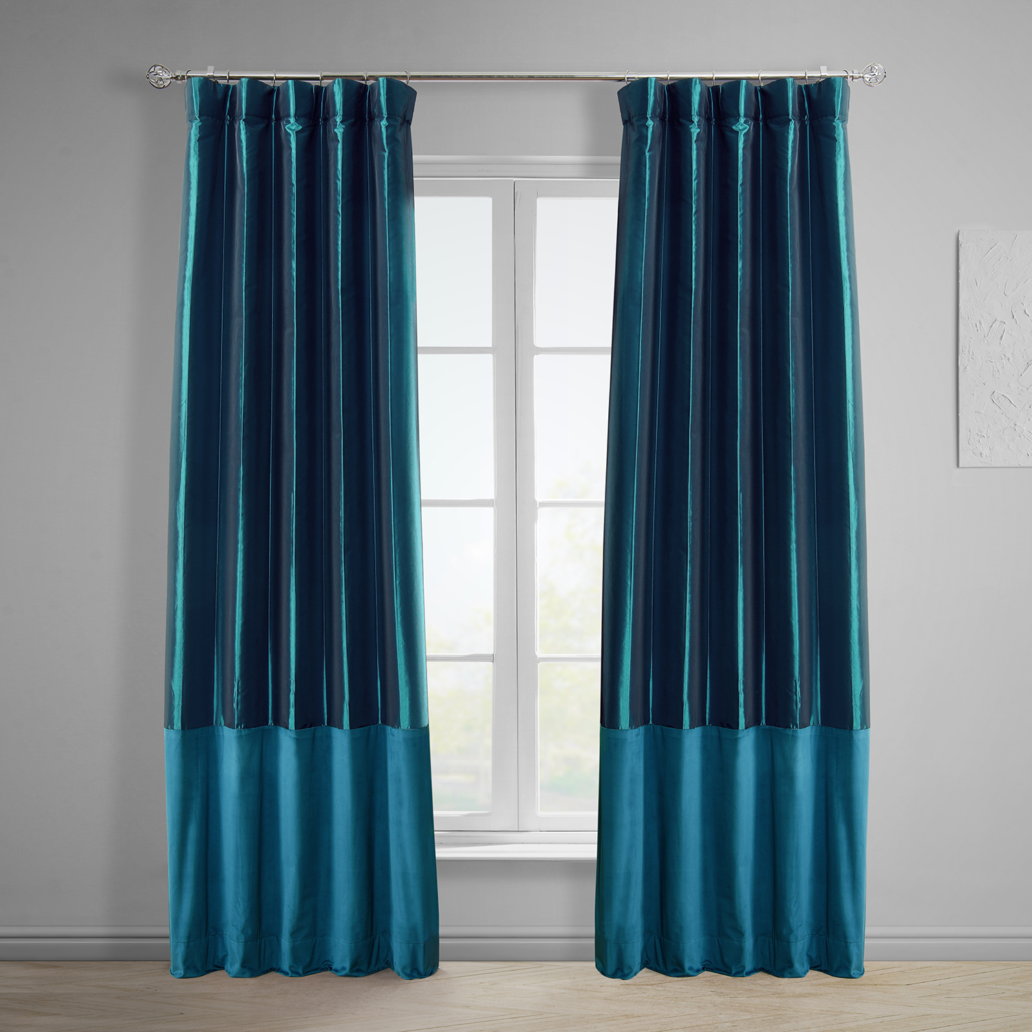 Banded Mediterranean Faux Silk Taffeta &amp; Avalon Blue Plush Velvet Curtain