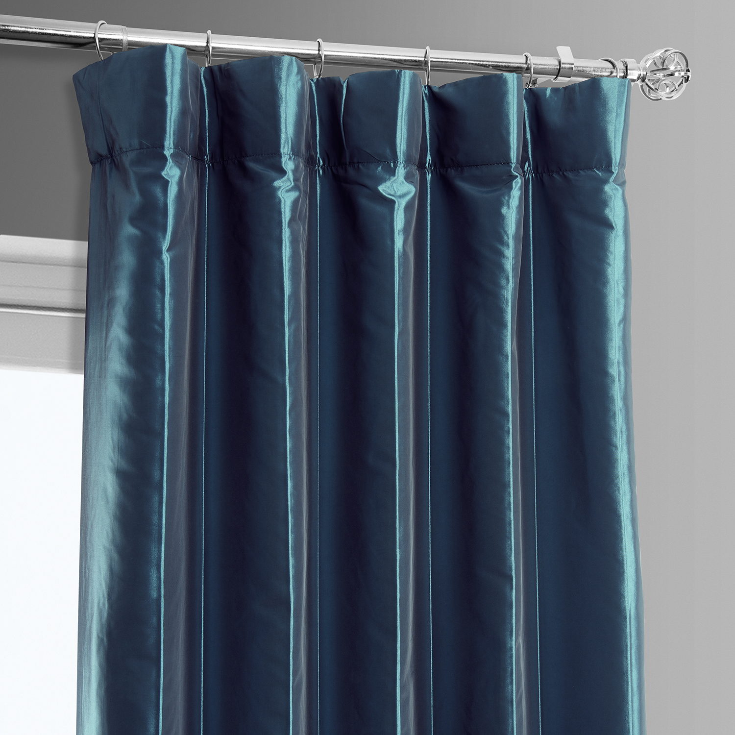 Banded Mediterranean Faux Silk Taffeta & Avalon Blue Plush Velvet Curtain