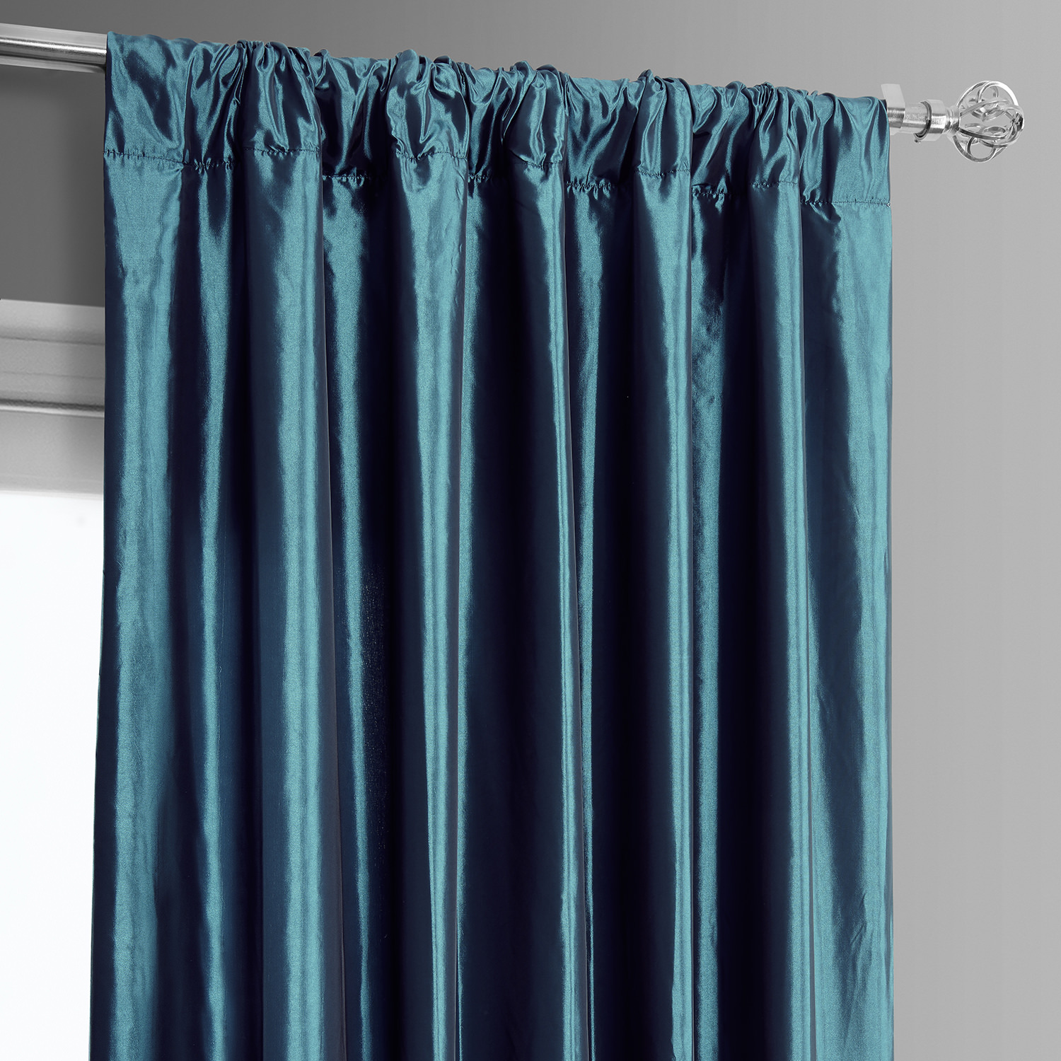 Banded Mediterranean Faux Silk Taffeta & Avalon Blue Plush Velvet Curtain