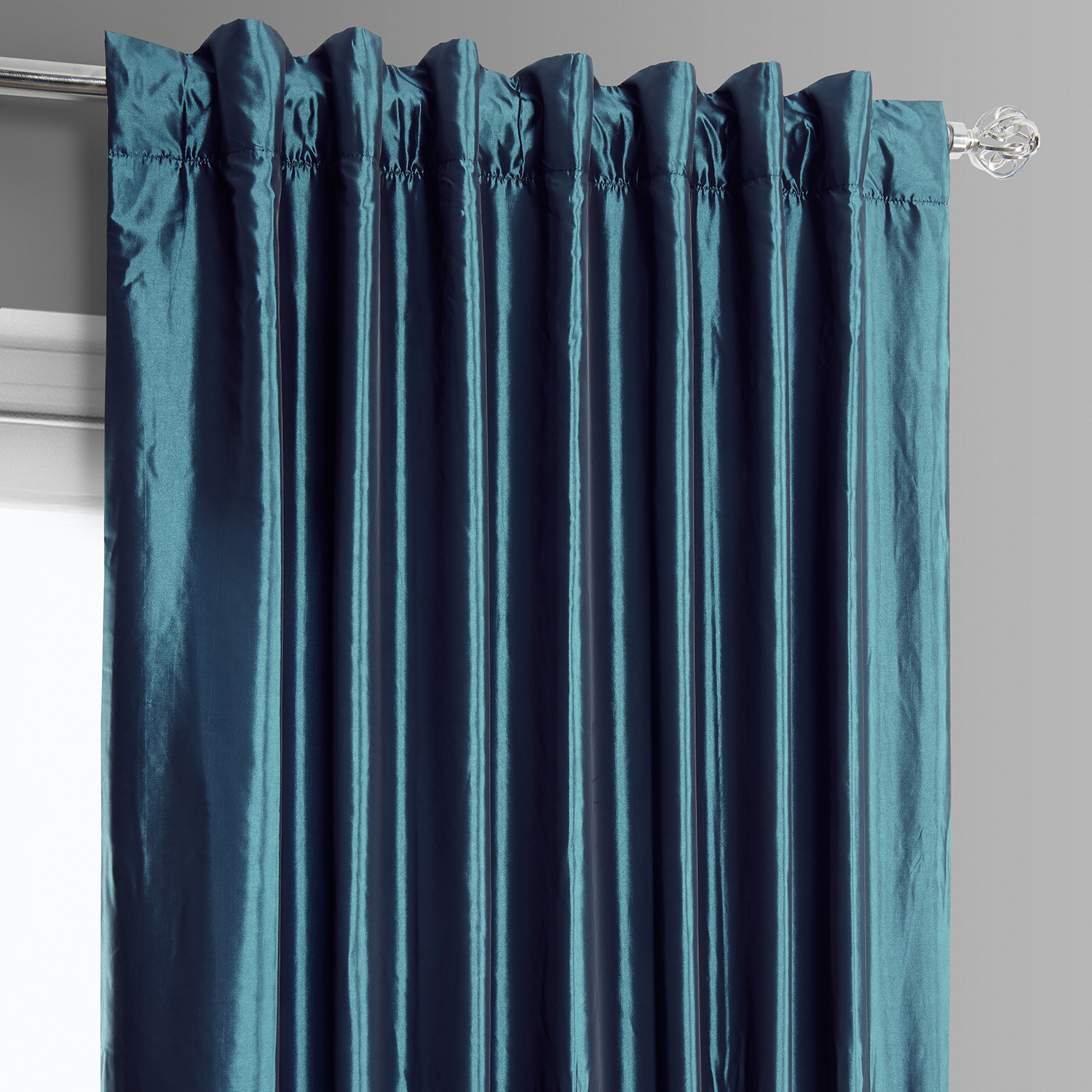 Banded Mediterranean Faux Silk Taffeta & Avalon Blue Plush Velvet Curtain