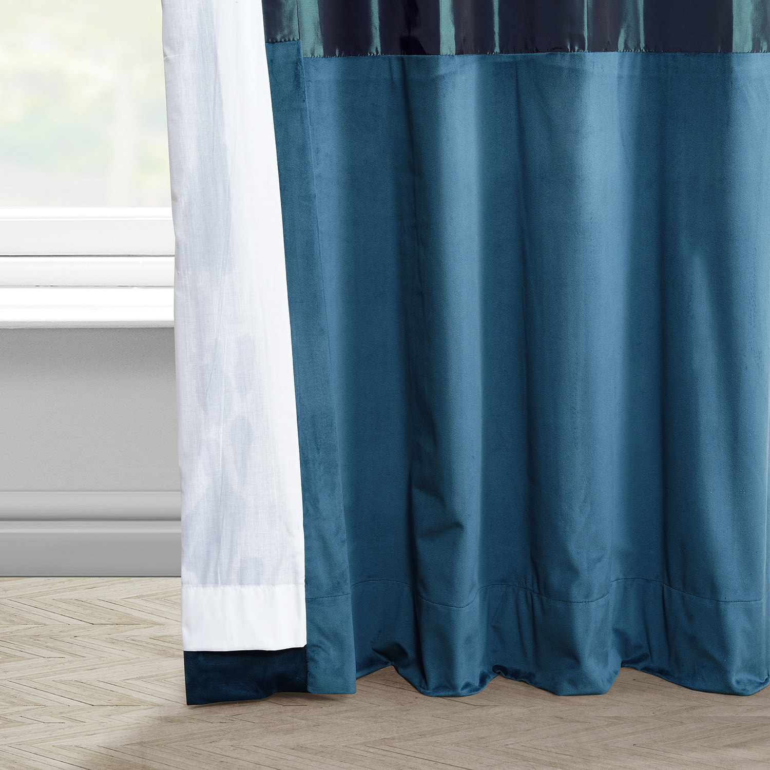 Banded Mediterranean Faux Silk Taffeta & Avalon Blue Plush Velvet Curtain