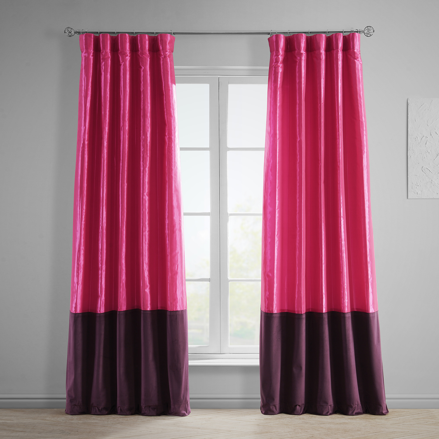 Banded Fuchsia Rose Faux Silk Taffeta &amp; Winter Plum Plush Velvet Curtain