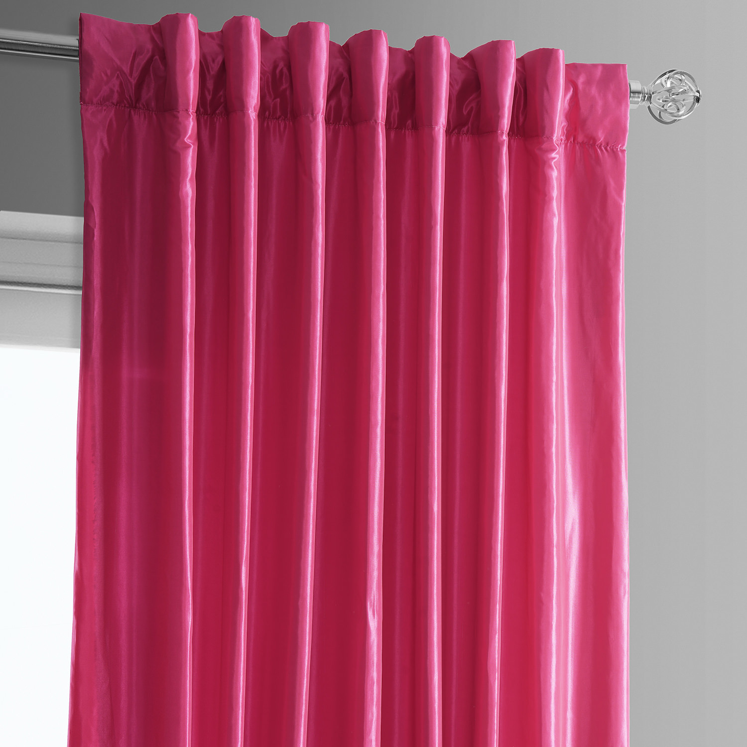 Banded Fuchsia Rose Faux Silk Taffeta & Winter Plum Plush Velvet Curtain