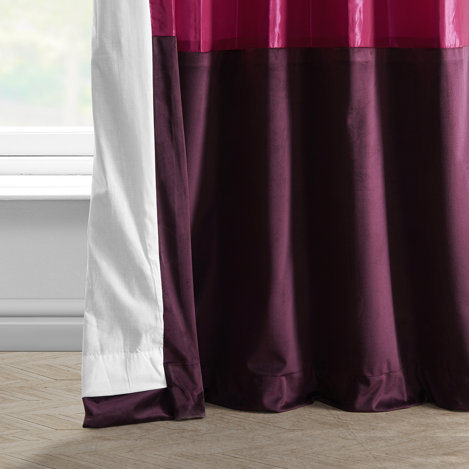 Banded Fuchsia Rose Faux Silk Taffeta & Winter Plum Plush Velvet Curtain