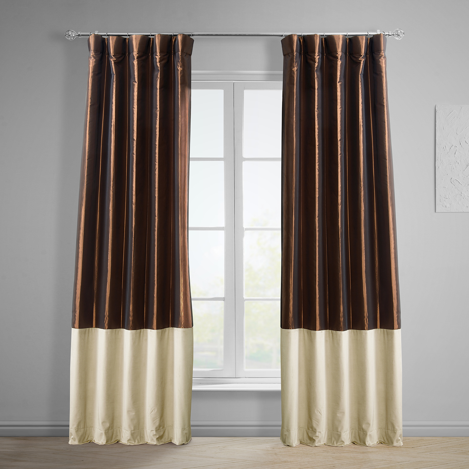 Banded Copper Brown Faux Silk Taffeta &amp; Macchiato Beige Plush Velvet Curtain