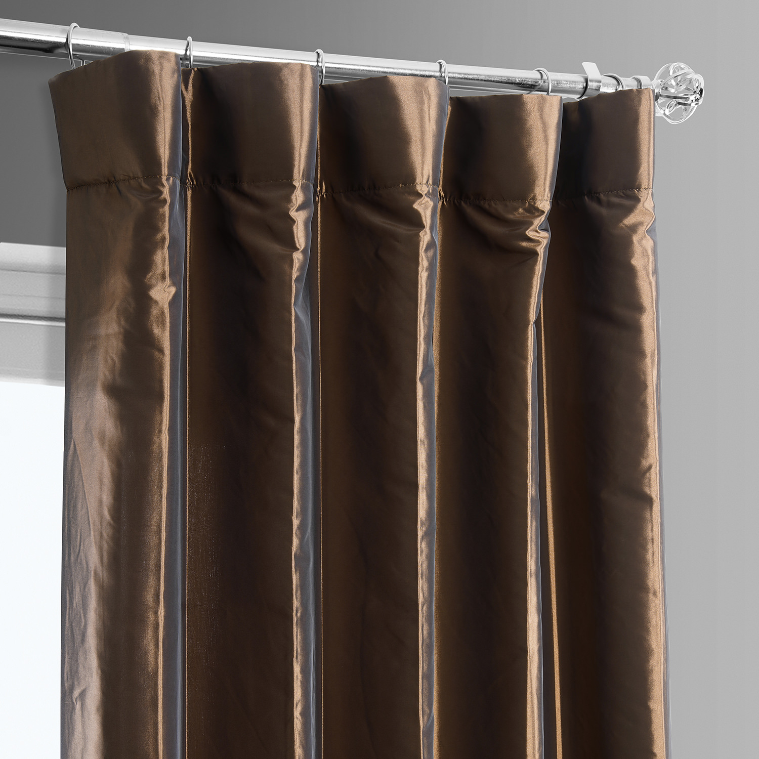 Banded Copper Brown Faux Silk Taffeta & Macchiato Beige Plush Velvet Curtain