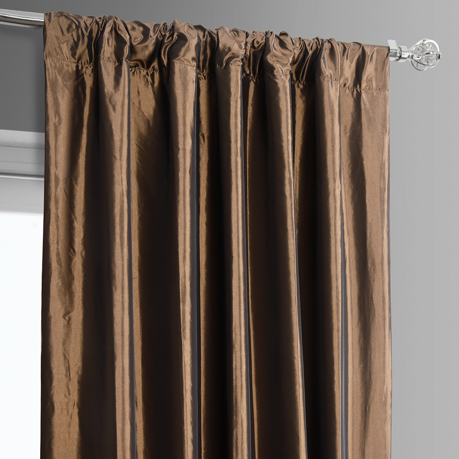 Banded Copper Brown Faux Silk Taffeta & Macchiato Beige Plush Velvet Curtain