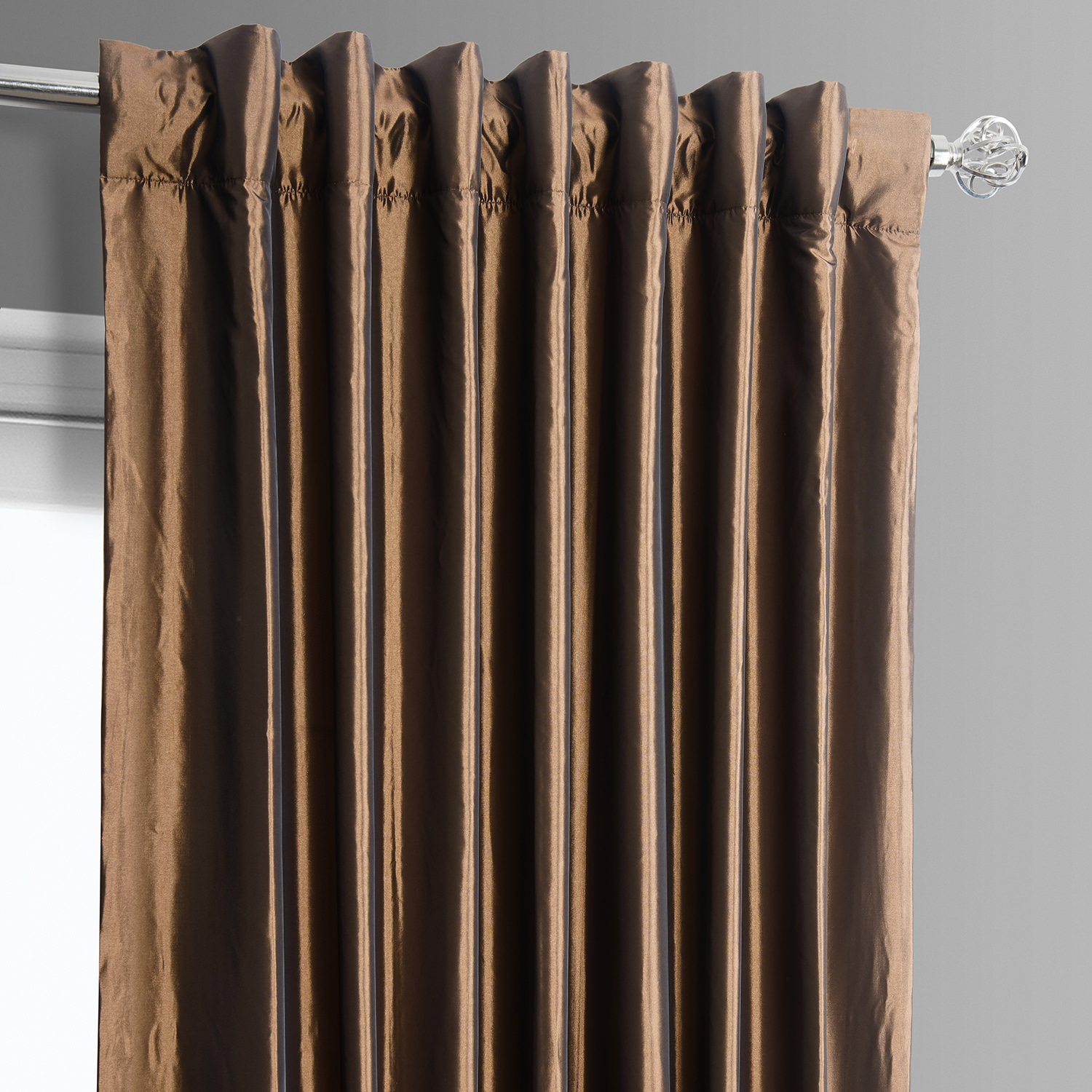 Banded Copper Brown Faux Silk Taffeta & Macchiato Beige Plush Velvet Curtain