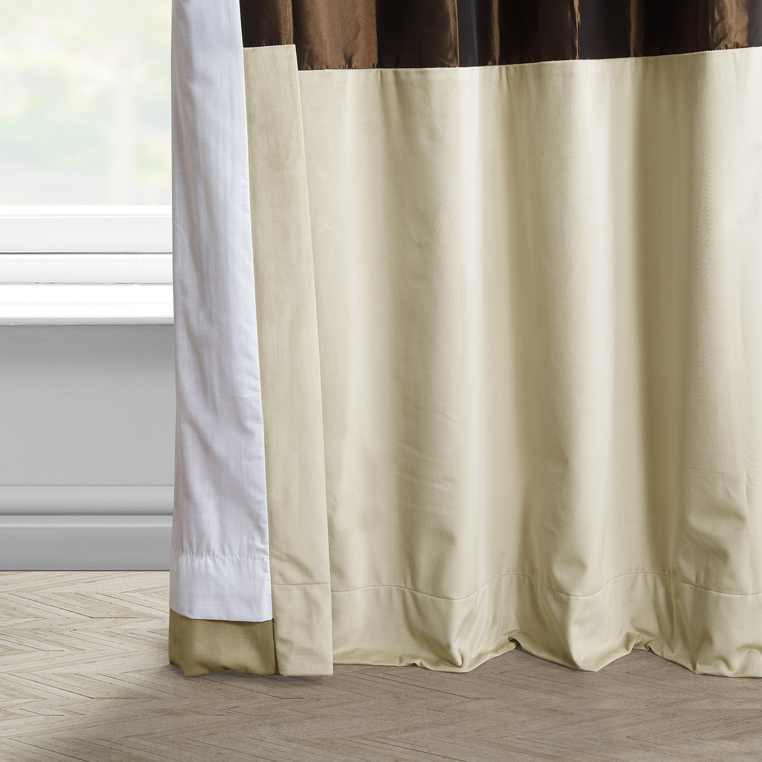 Banded Copper Brown Faux Silk Taffeta & Macchiato Beige Plush Velvet Curtain