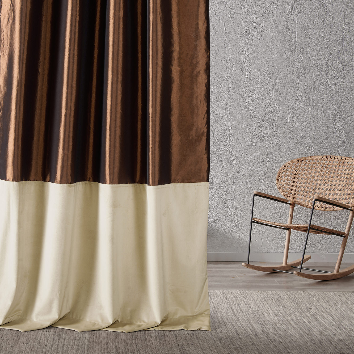 Banded Copper Brown Faux Silk Taffeta & Macchiato Beige Plush Velvet Curtain