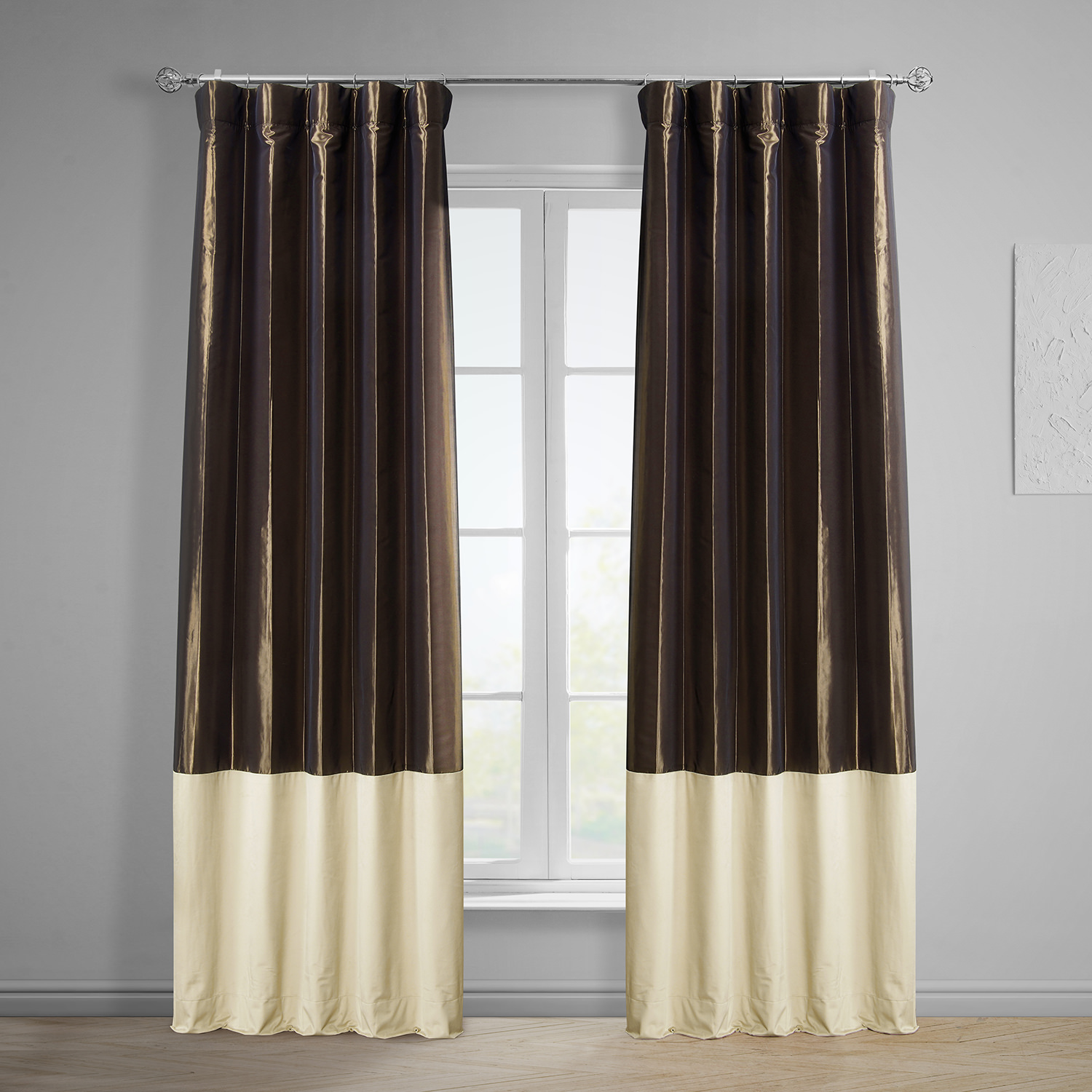 Banded Mushroom Faux Silk Taffeta &amp; Macchiato Beige Plush Velvet Curtain