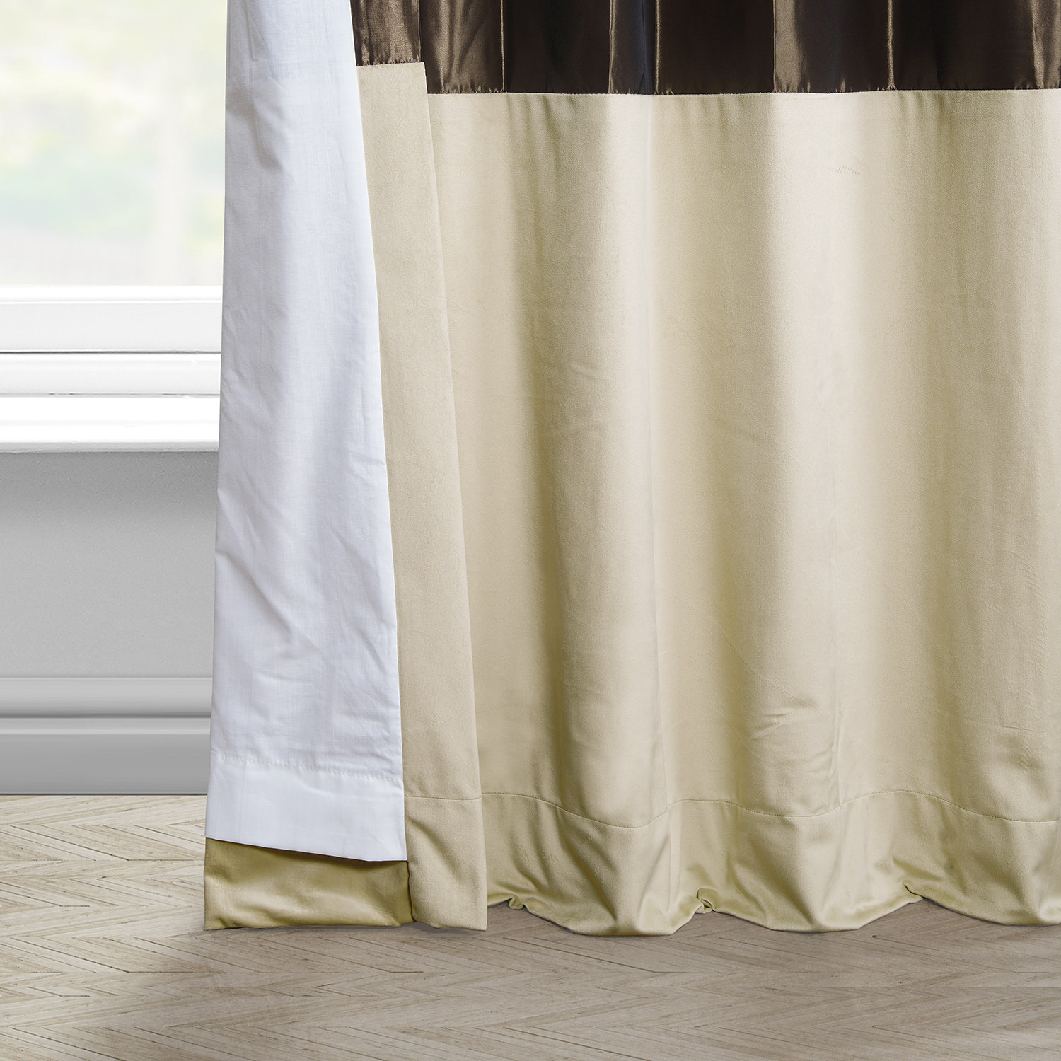 Banded Mushroom Faux Silk Taffeta & Macchiato Beige Plush Velvet Curtain