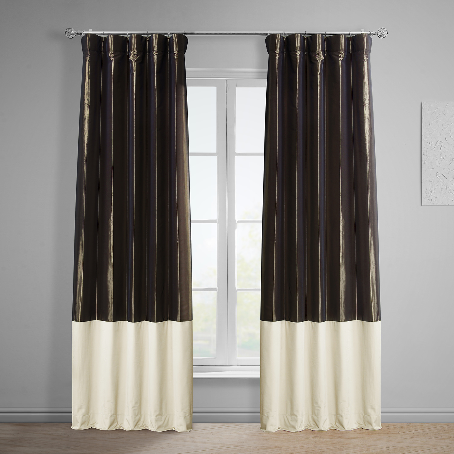 Banded Java Faux Silk Taffeta &amp; Au Lait Creme Plush Velvet Curtain