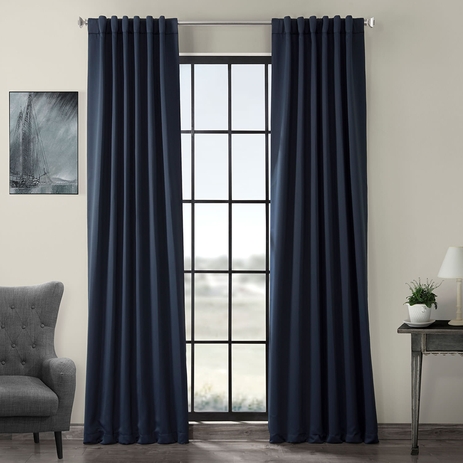 Navy Blue Pole Pocket Blackout Room Darkening Curtain