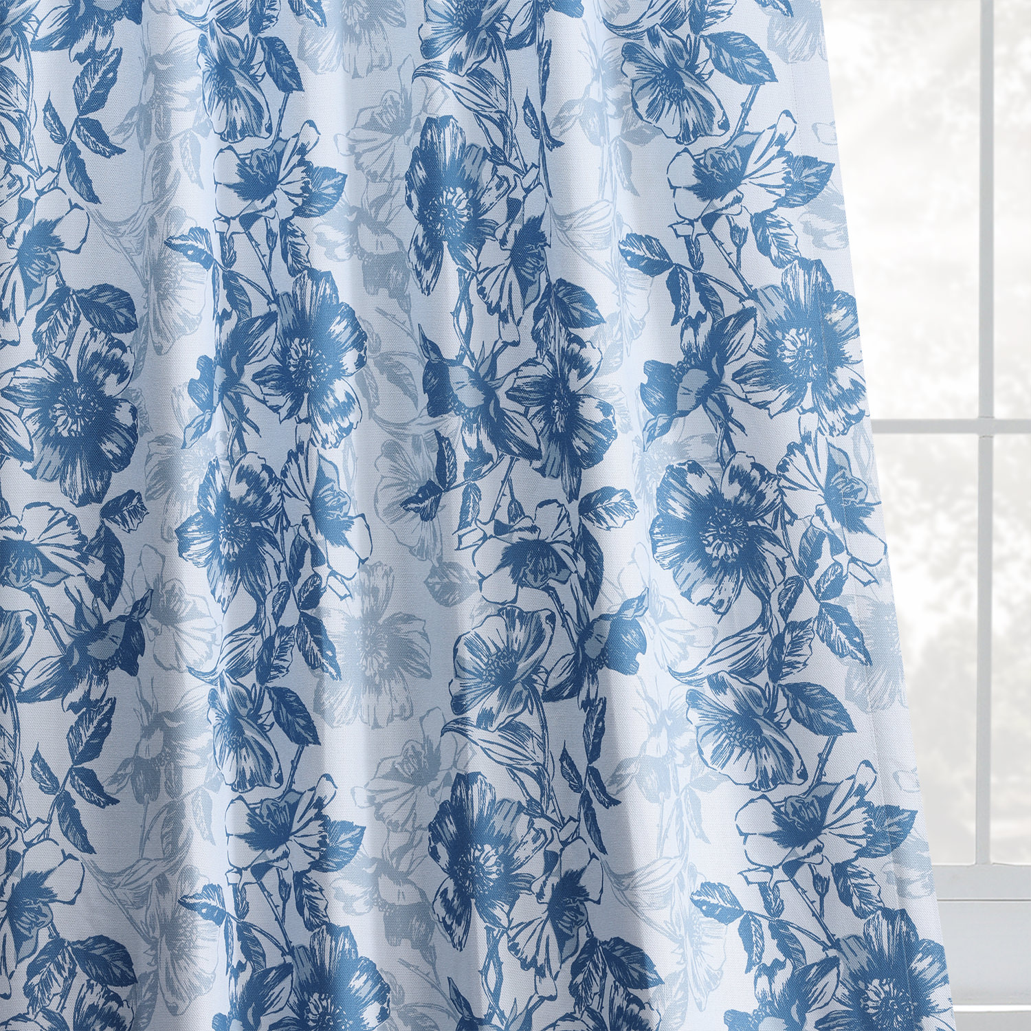 Blue Poppy Printed Linen Textured Blackout Curtain