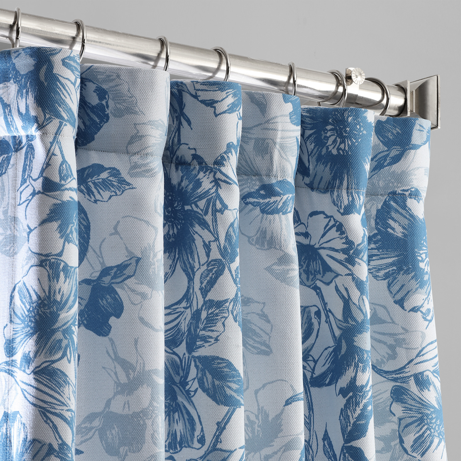 Blue Poppy Printed Linen Textured Blackout Curtain