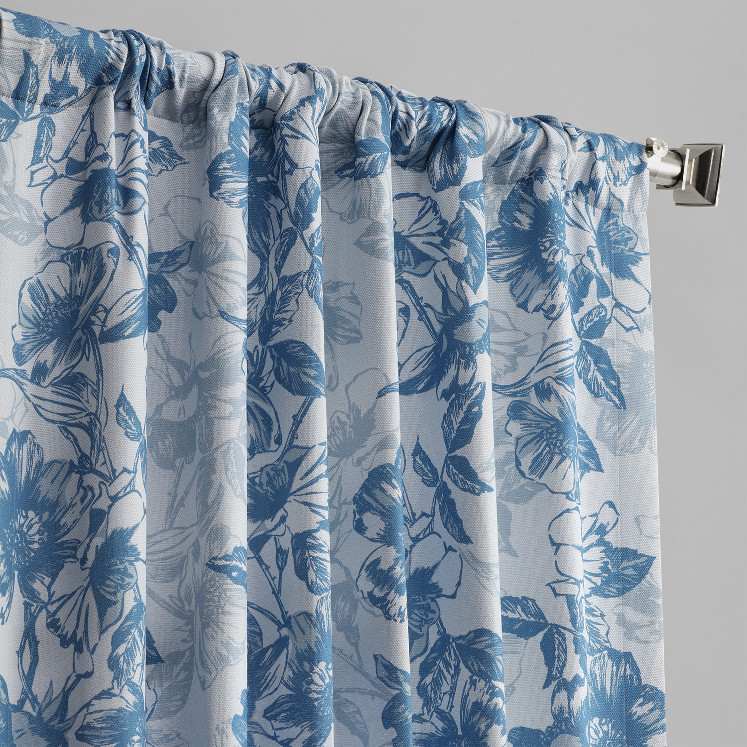 Blue Poppy Printed Linen Textured Blackout Curtain