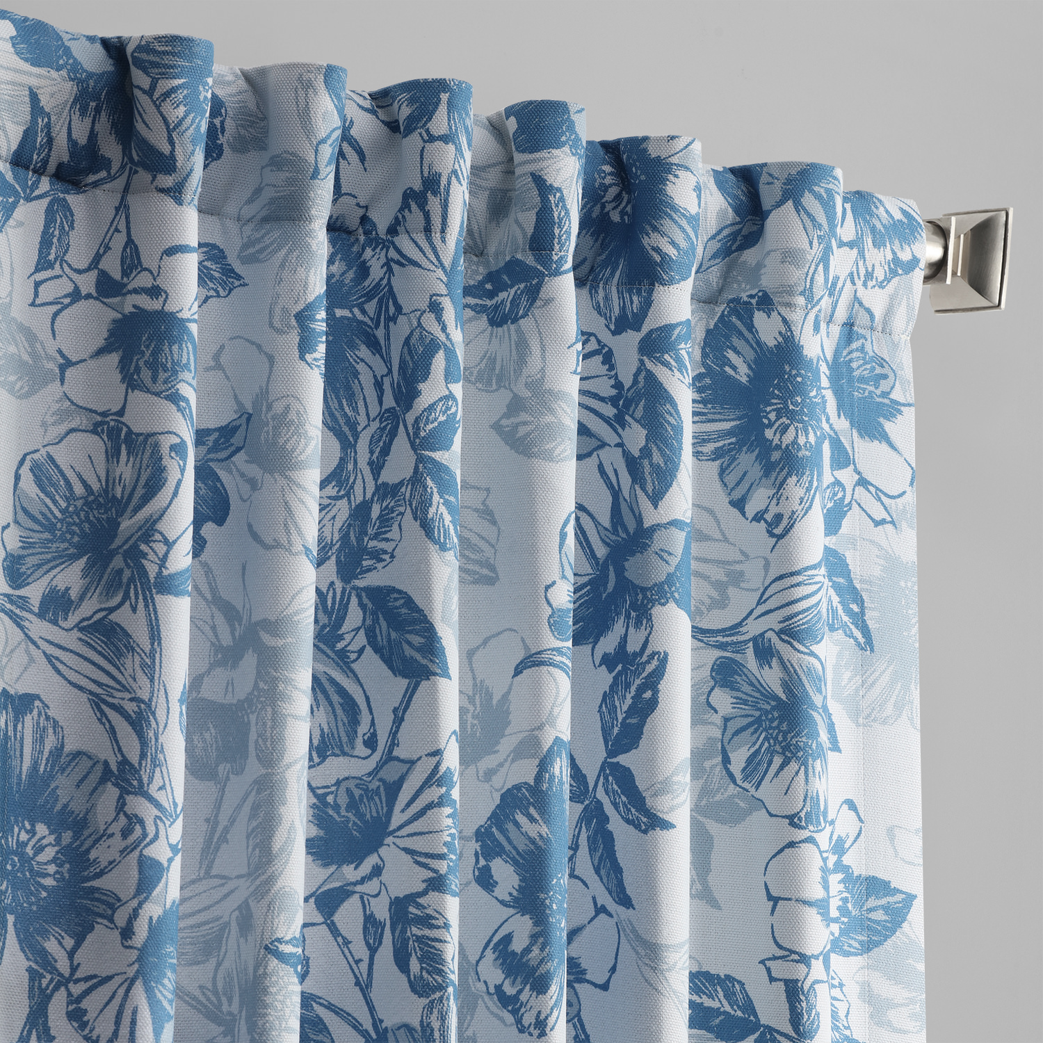 Blue Poppy Printed Linen Textured Blackout Curtain