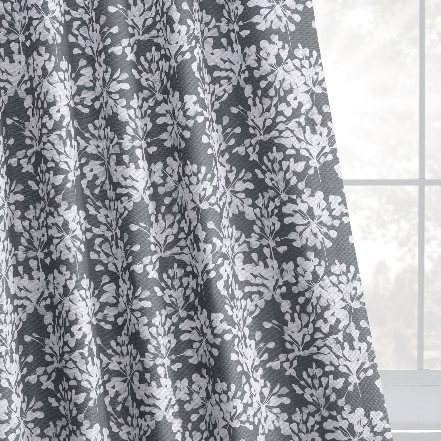 Botanic Grey Printed Linen Textured Blackout Curtain