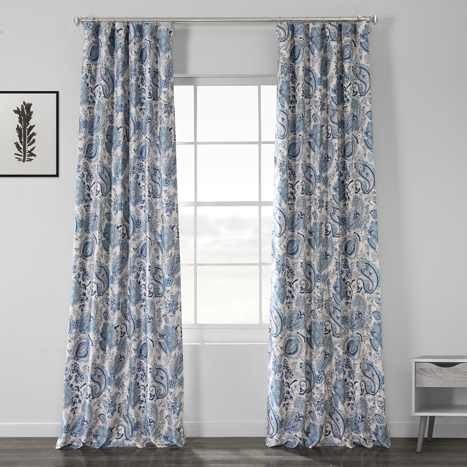 Fullbloom Blue Printed Linen Textured Blackout Curtain