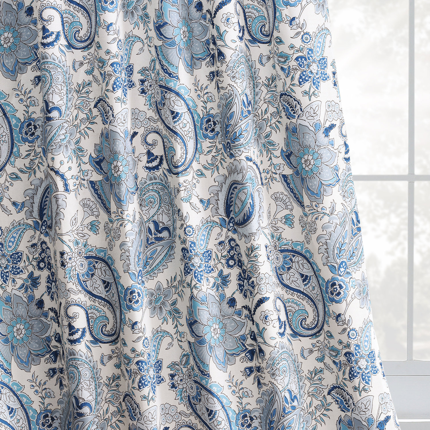 Fullbloom Blue Printed Linen Textured Blackout Curtain