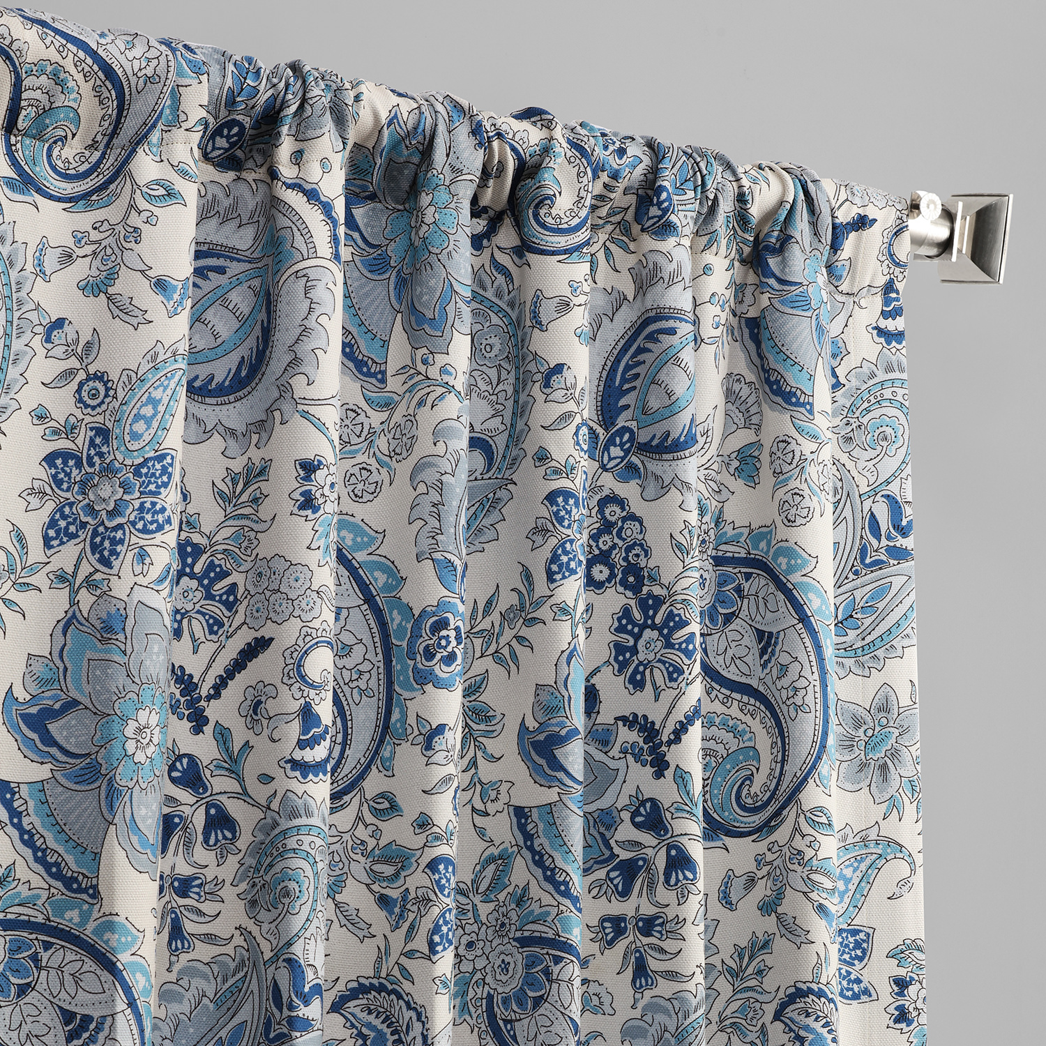 Fullbloom Blue Printed Linen Textured Blackout Curtain