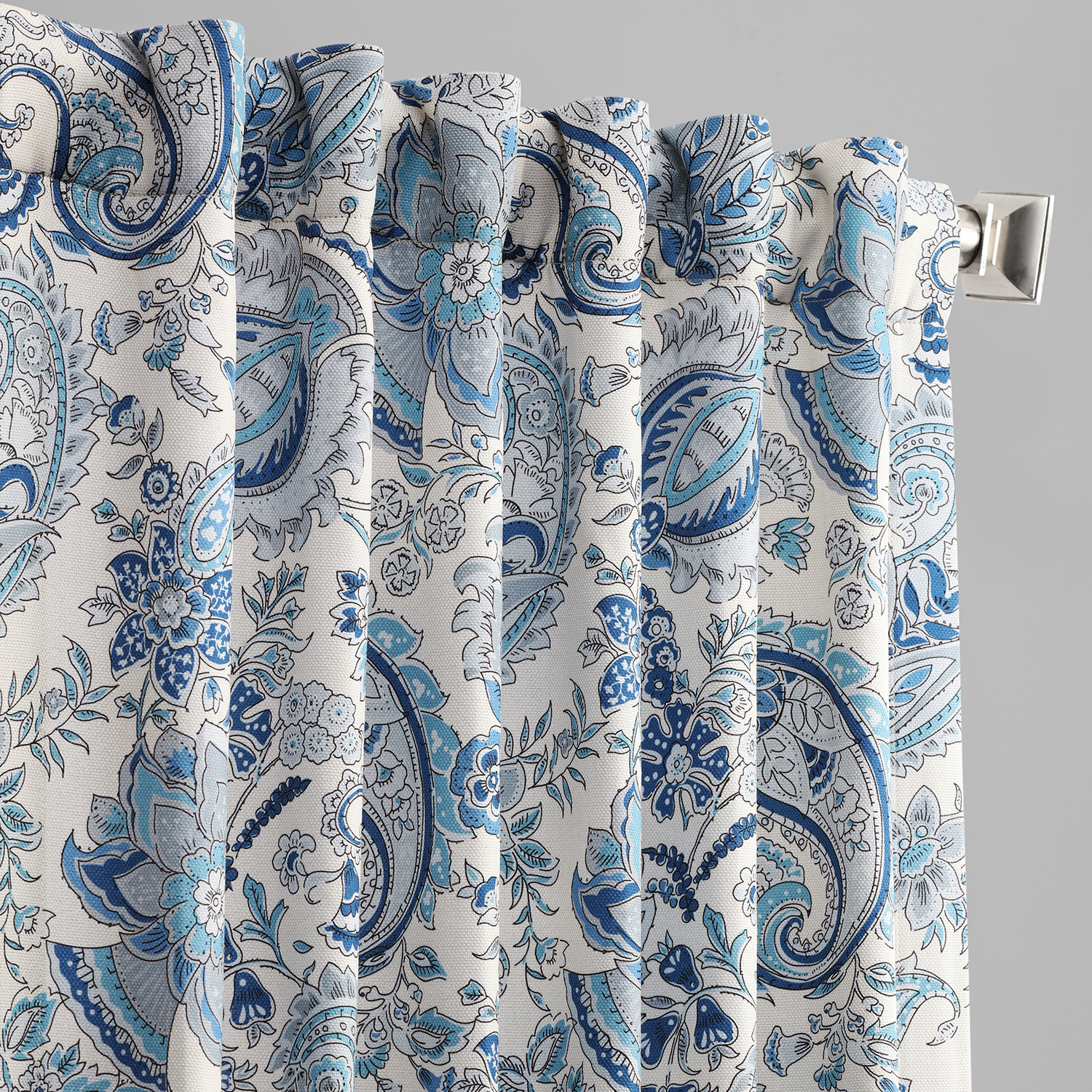 Fullbloom Blue Printed Linen Textured Blackout Curtain