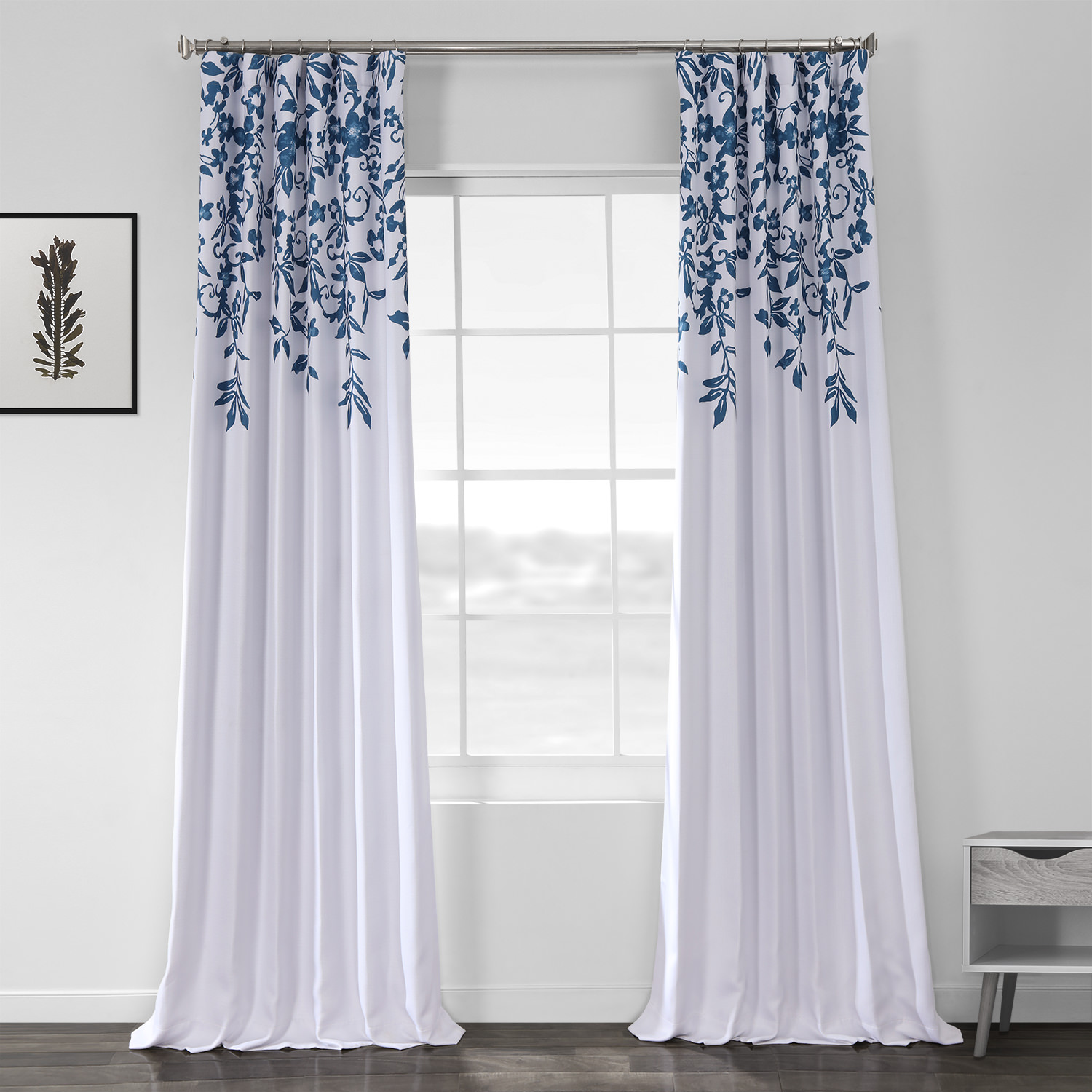 Temple Garden Blue Printed Linen Textured Blackout Curtain