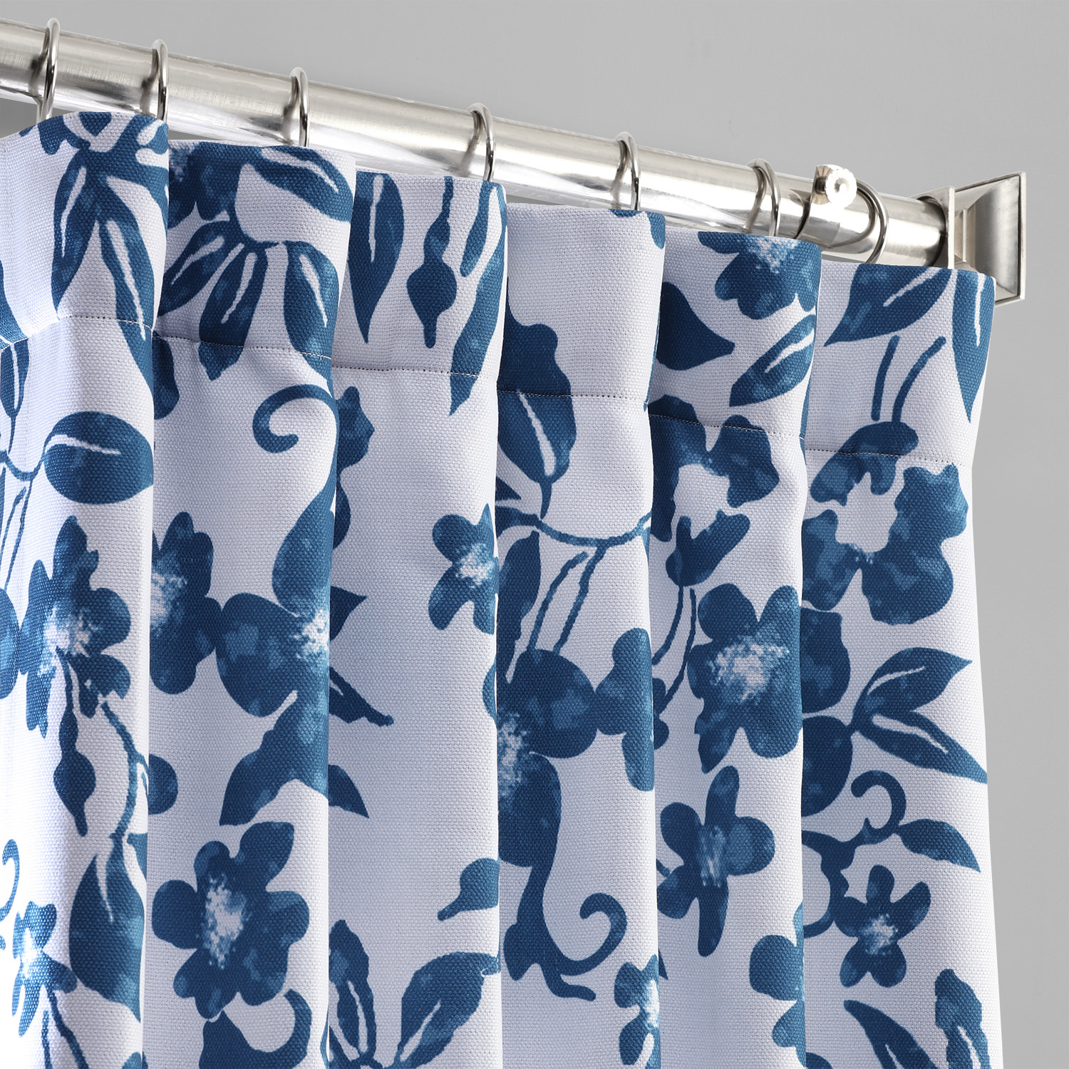 Temple Garden Blue Printed Linen Textured Blackout Curtain