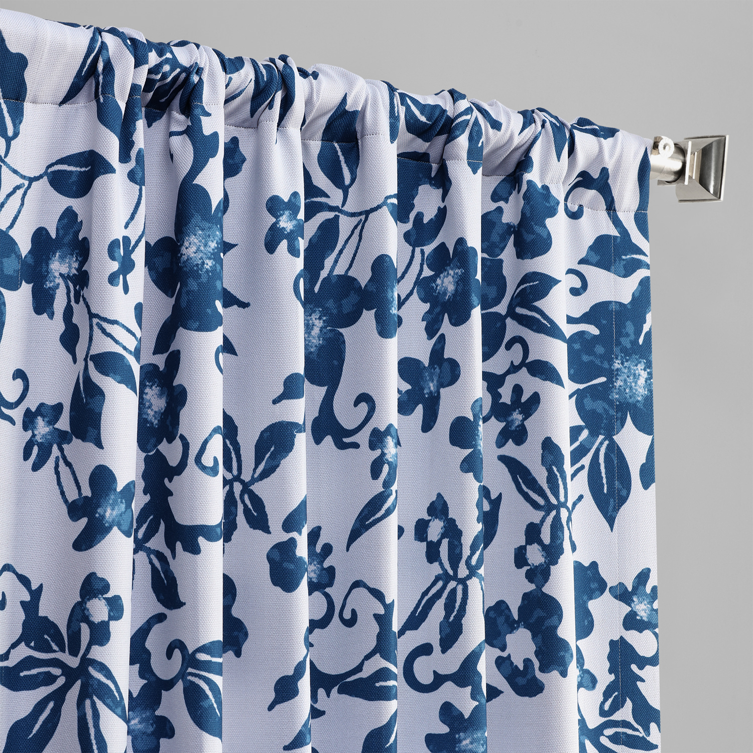 Temple Garden Blue Printed Linen Textured Blackout Curtain