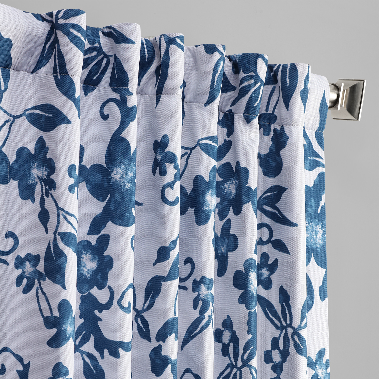 Temple Garden Blue Printed Linen Textured Blackout Curtain