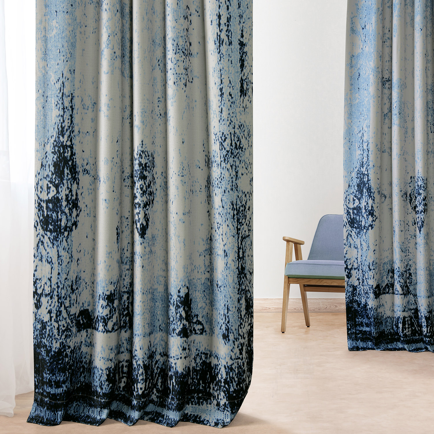 Raindrops Blue Printed Linen Textured Blackout Curtain