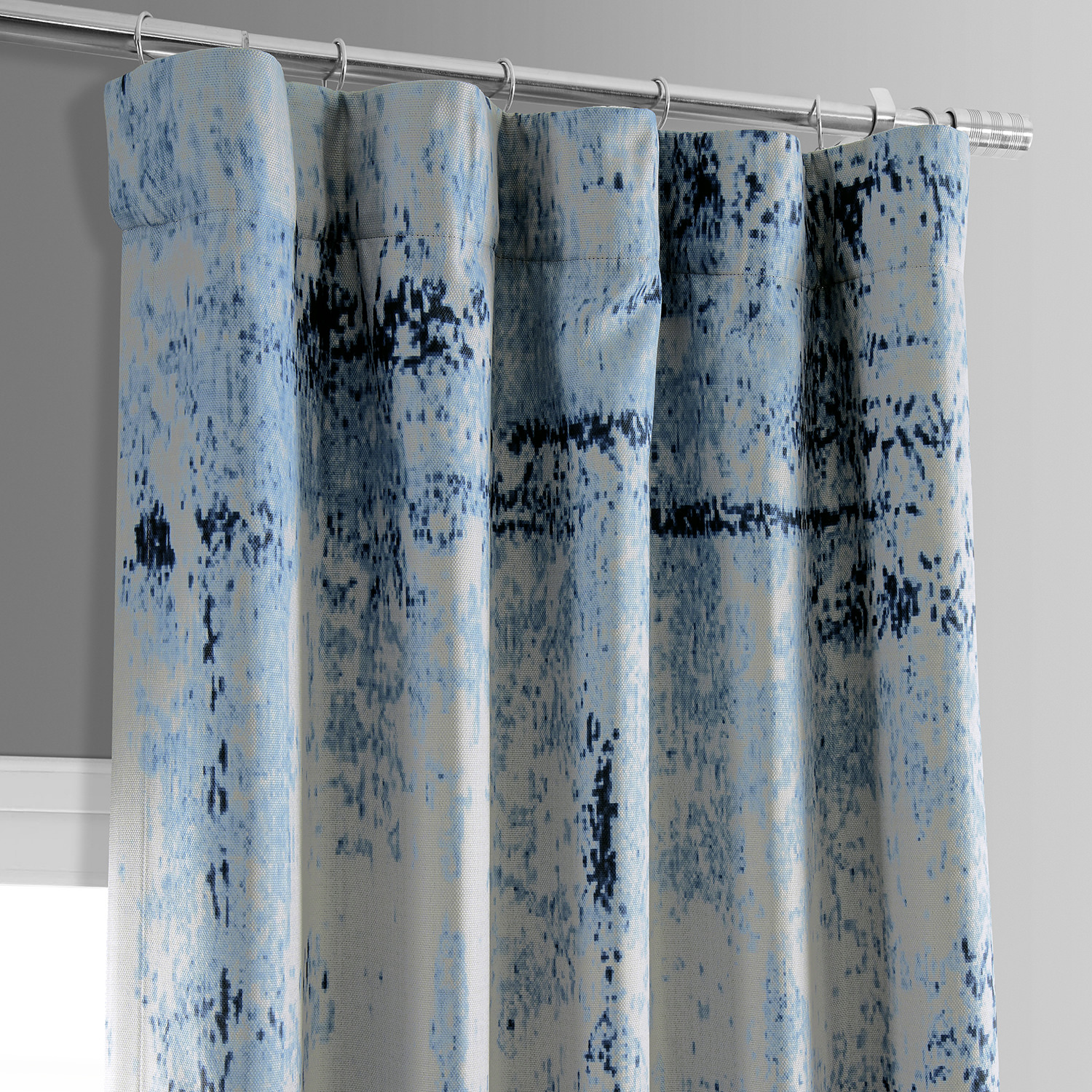 Raindrops Blue Printed Linen Textured Blackout Curtain