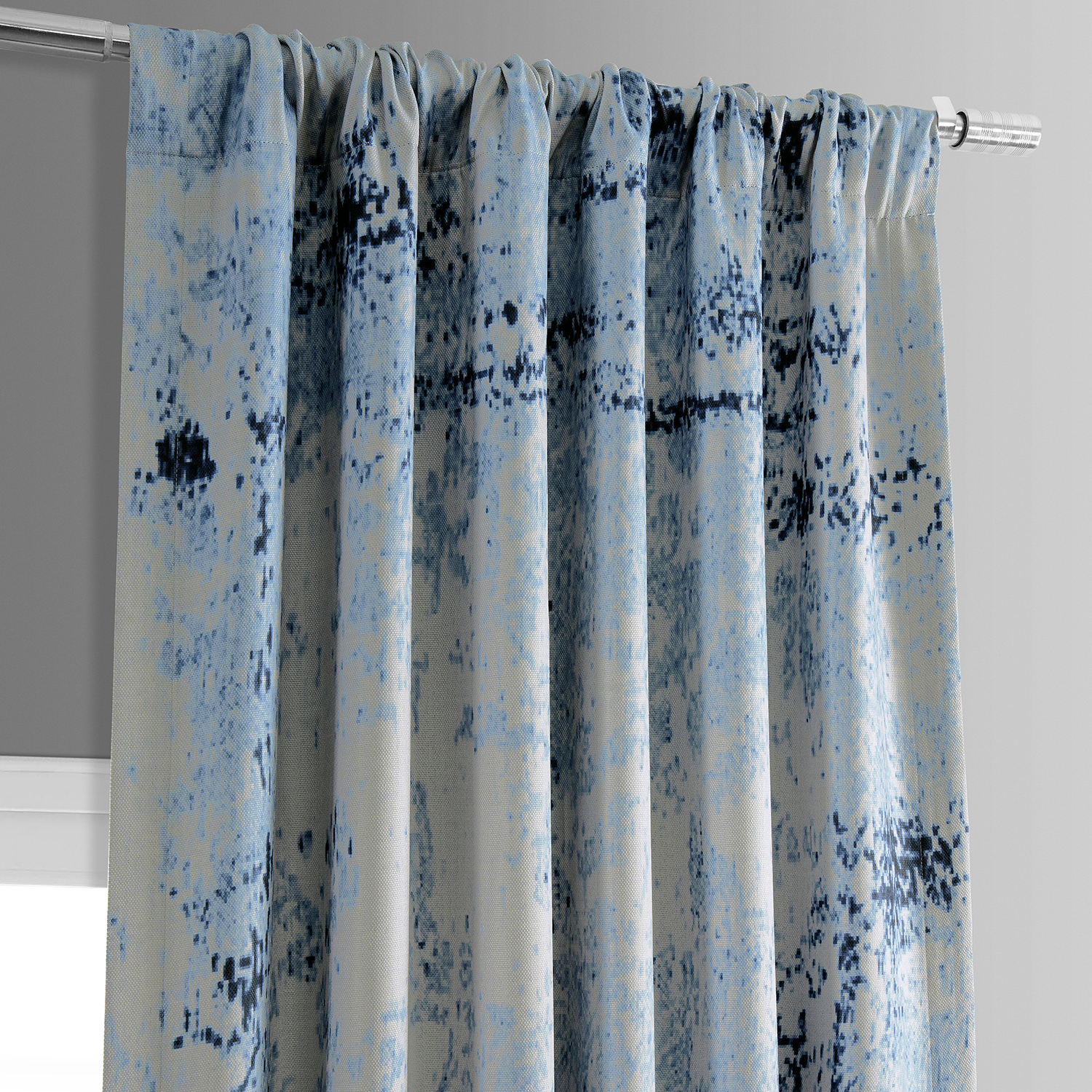 Raindrops Blue Printed Linen Textured Blackout Curtain