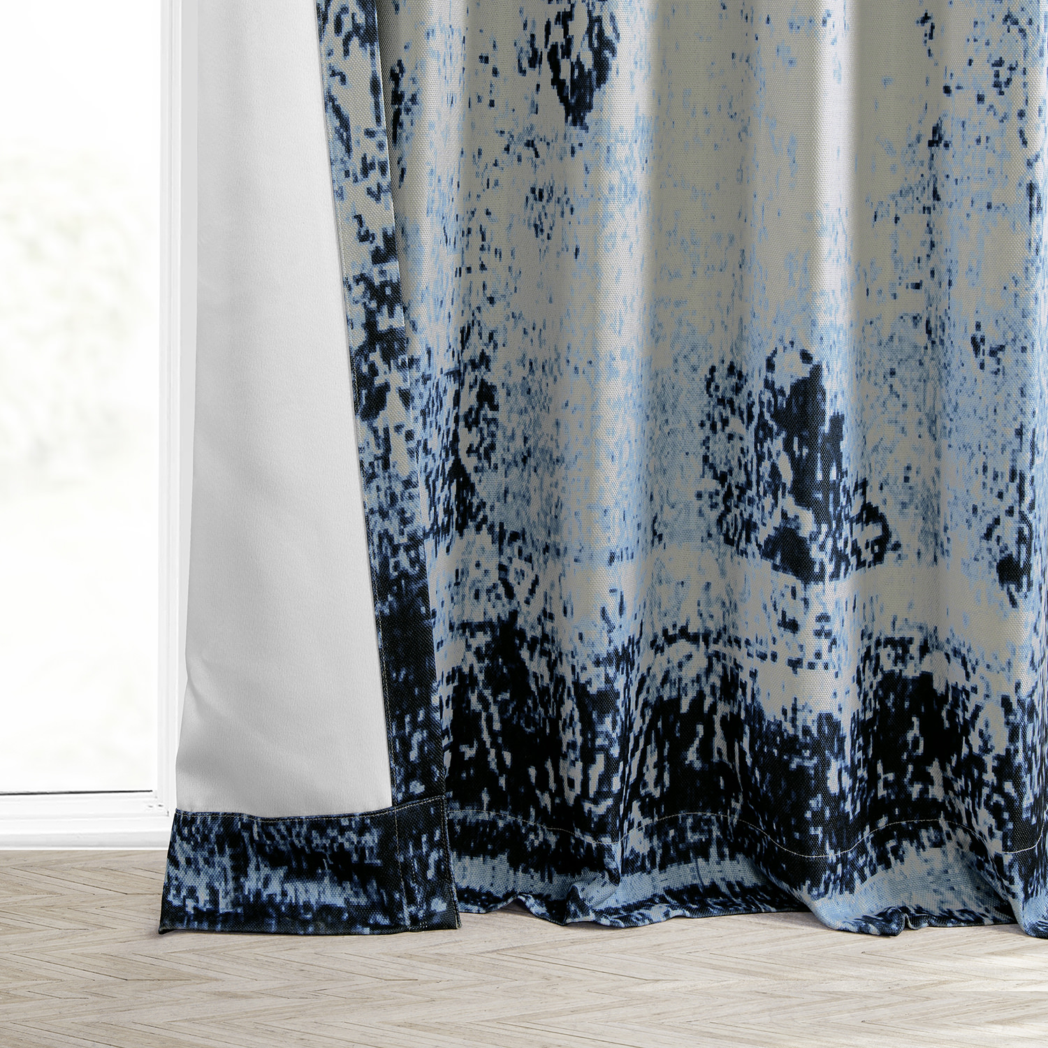 Raindrops Blue Printed Linen Textured Blackout Curtain