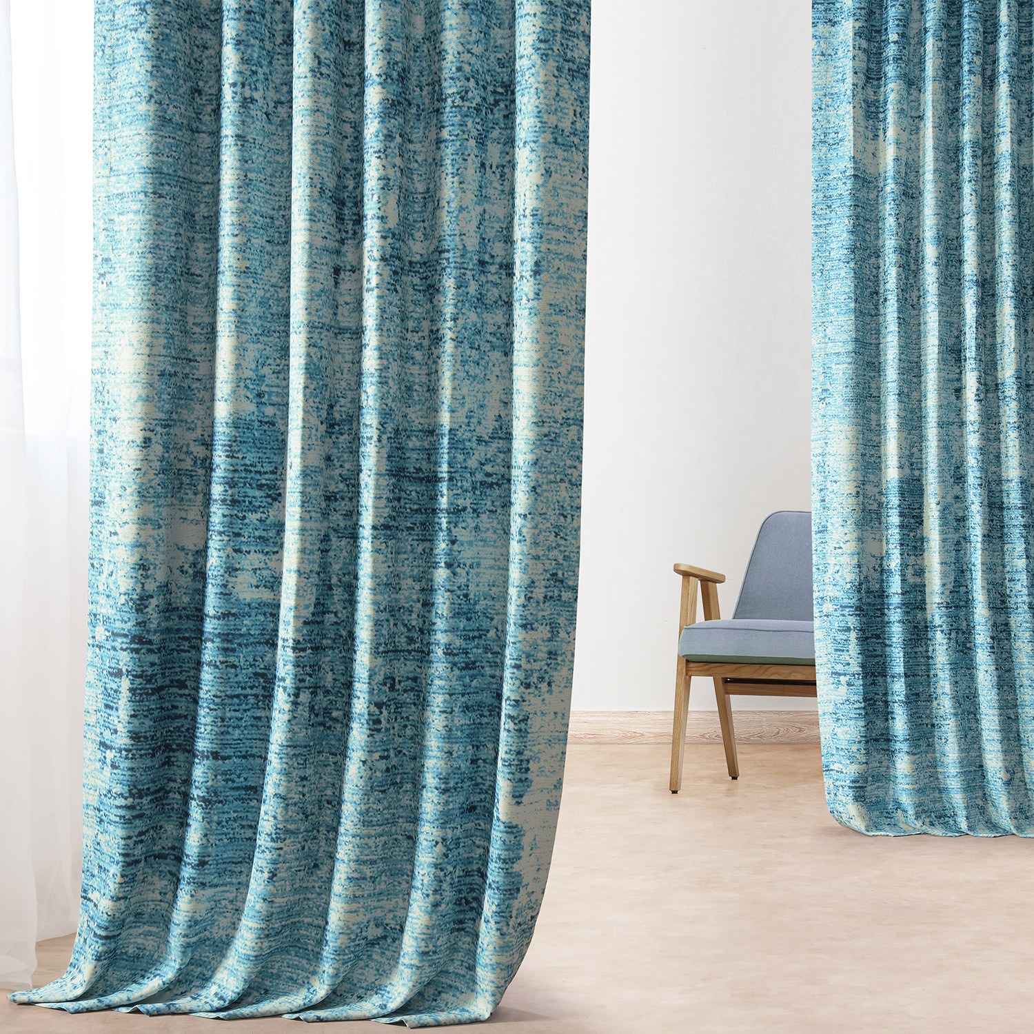 Strata Blue Printed Linen Textured Blackout Curtain